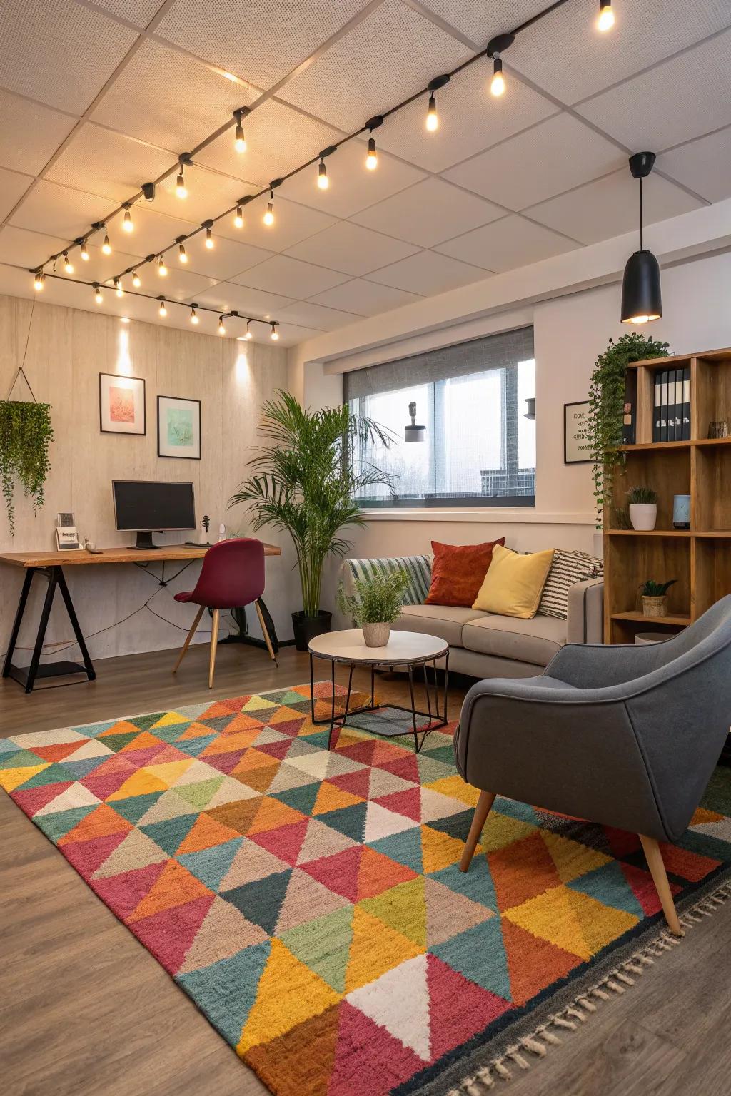 Rugs can add warmth and define spaces in your office.