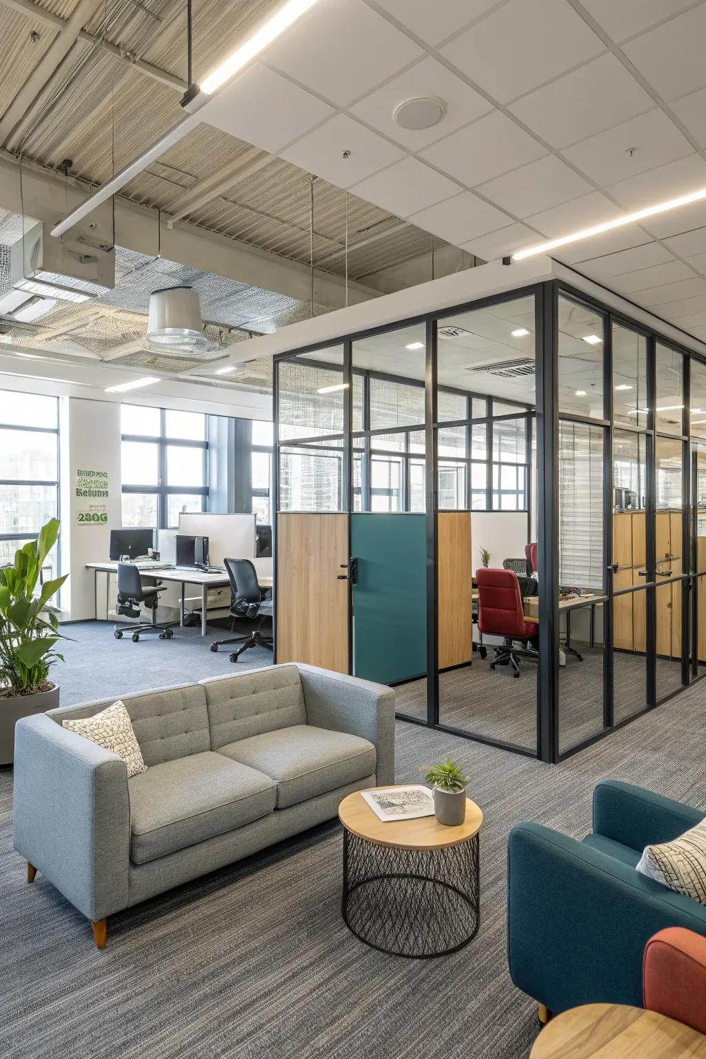 Hybrid office layouts offer versatile solutions for varied work styles.