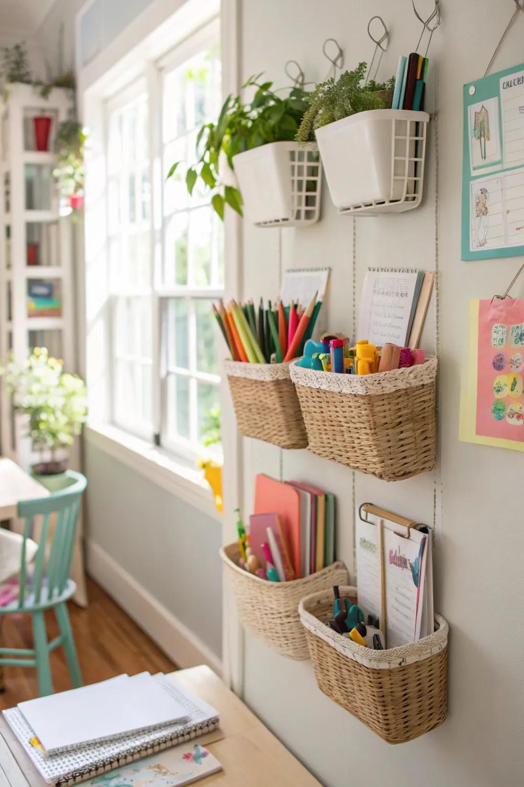 Hanging baskets offer stylish and natural storage solutions.