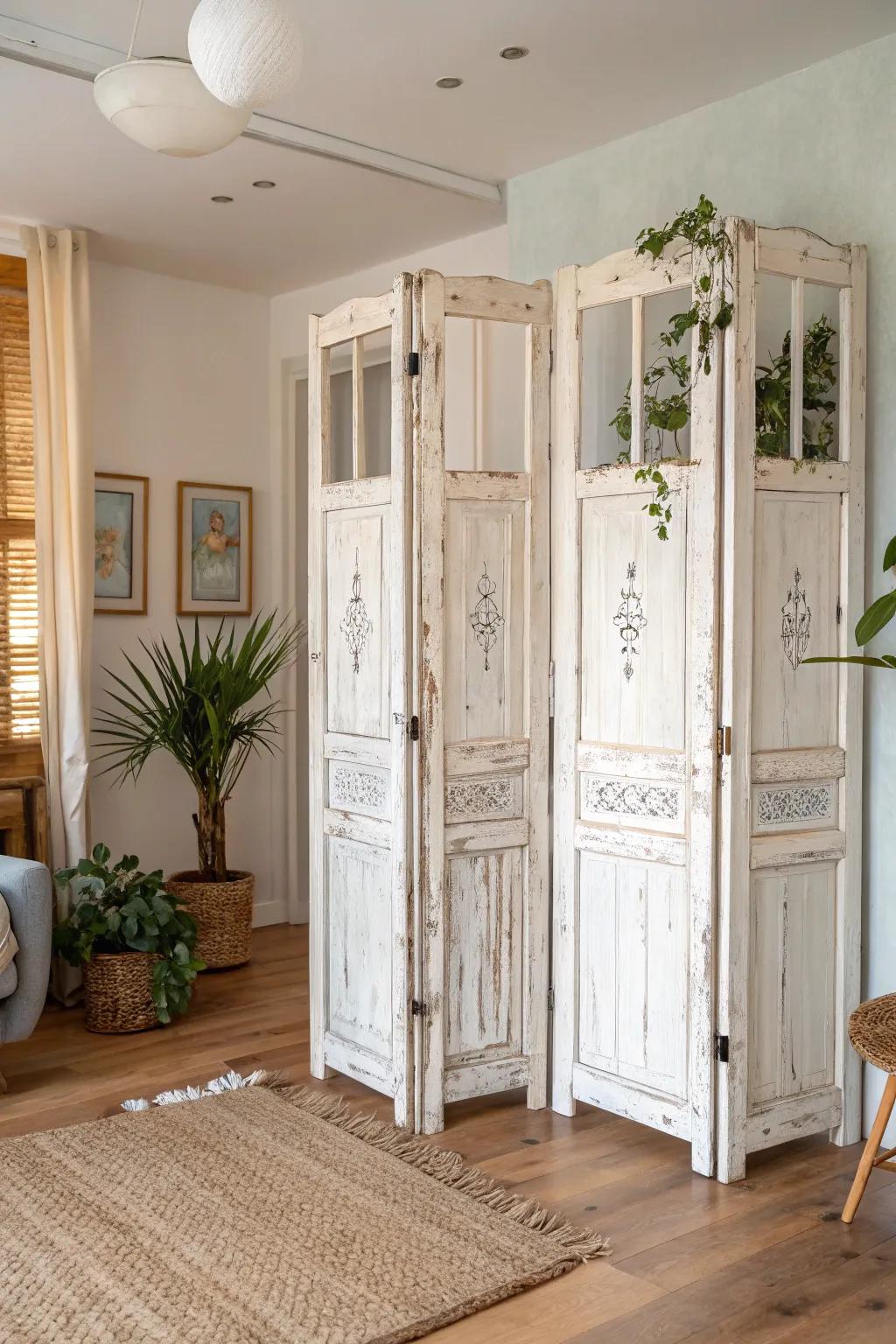Transform old doors into a stunning room divider that blends vintage charm with minimalist elegance.