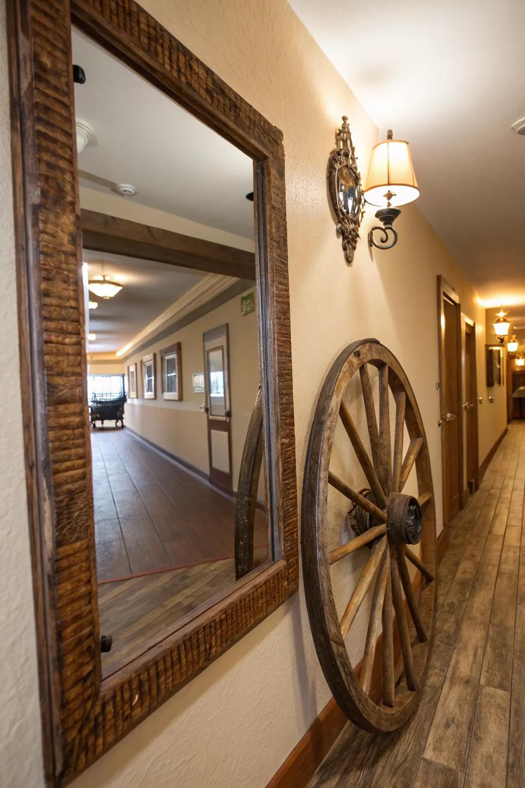 A wagon wheel mirror frame offers vintage charm.