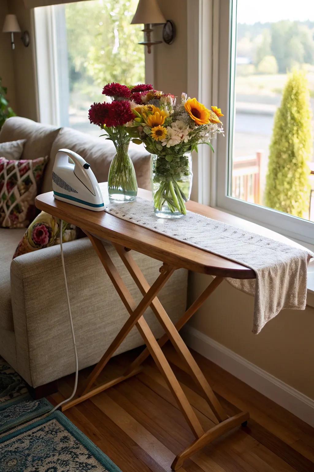 Turn your ironing board into a beautiful stand for fresh flowers.