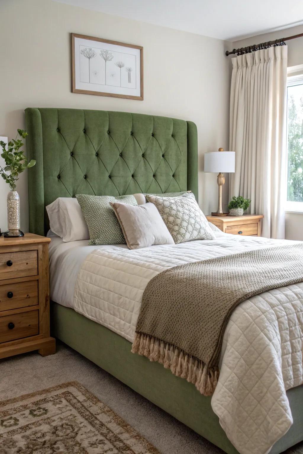 An olive green headboard serves as a stunning focal point in the bedroom.