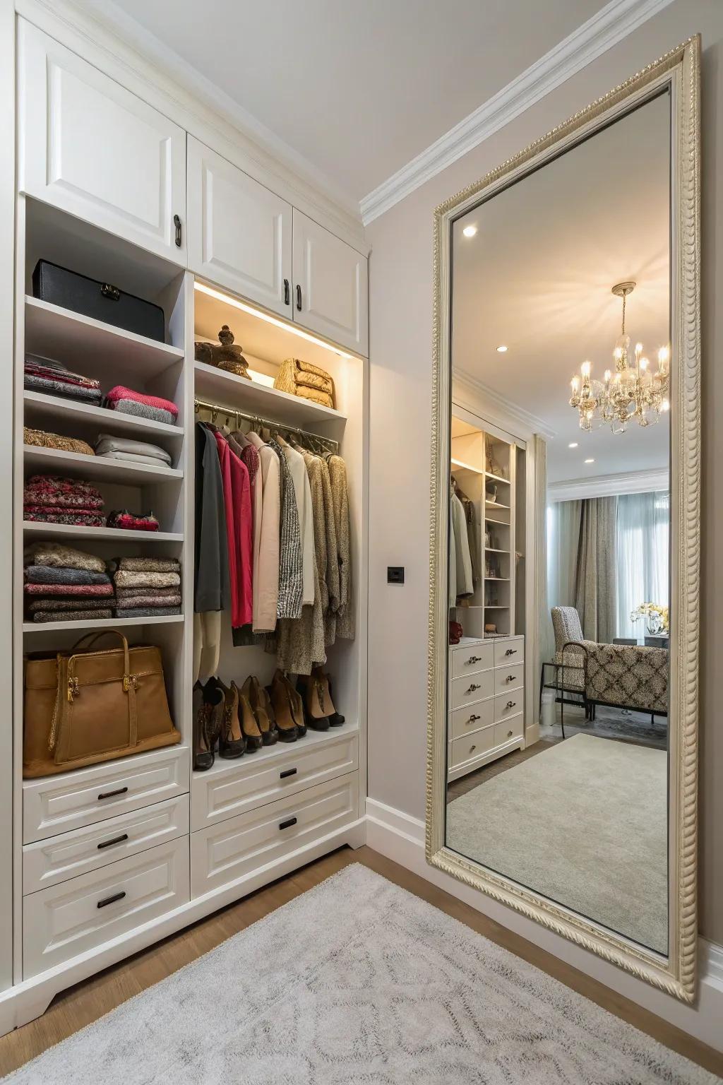 A large mirror complementing an open closet setup.