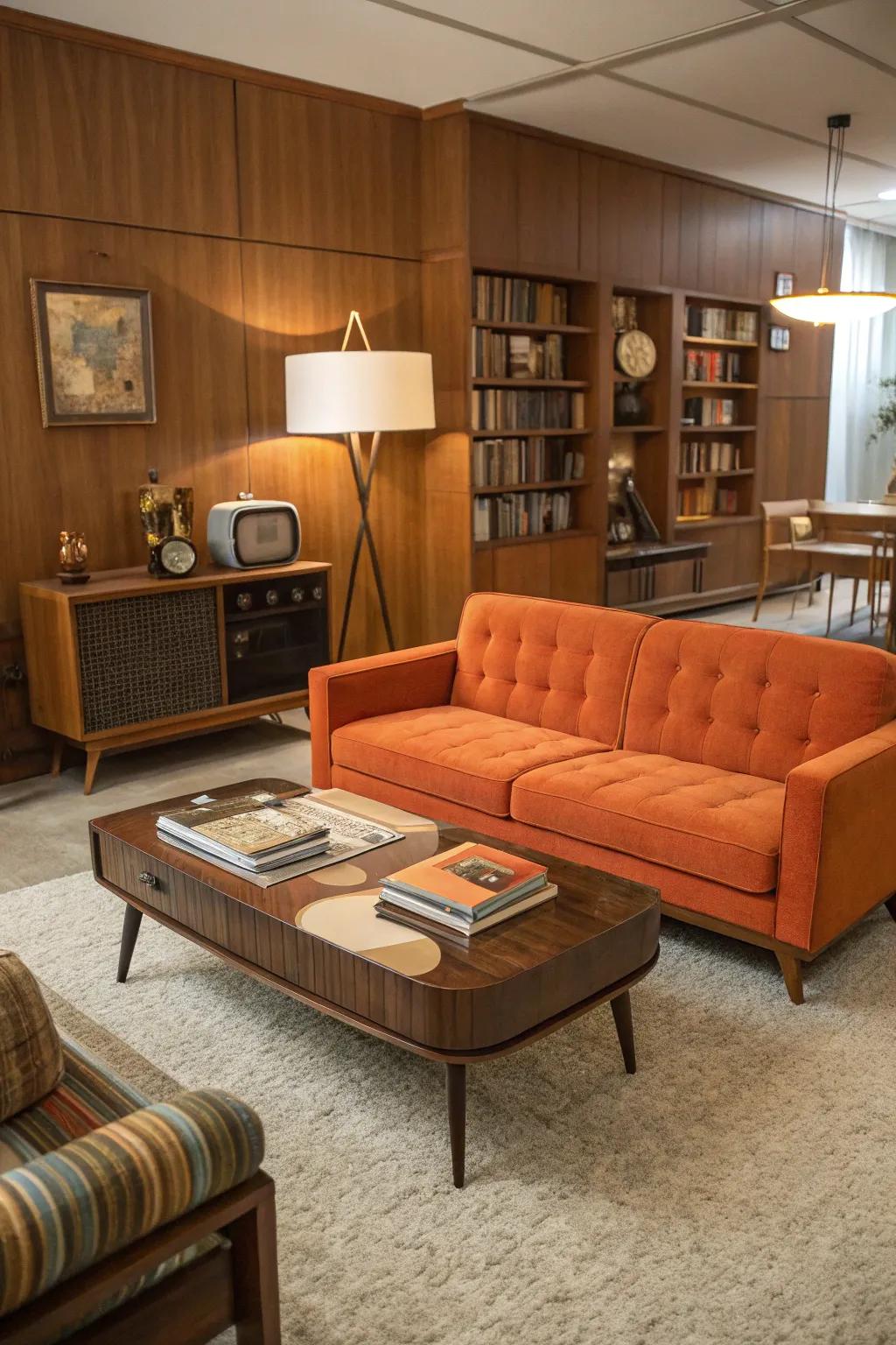 A stylish mid-century modern living room featuring an orange couch as the centerpiece.