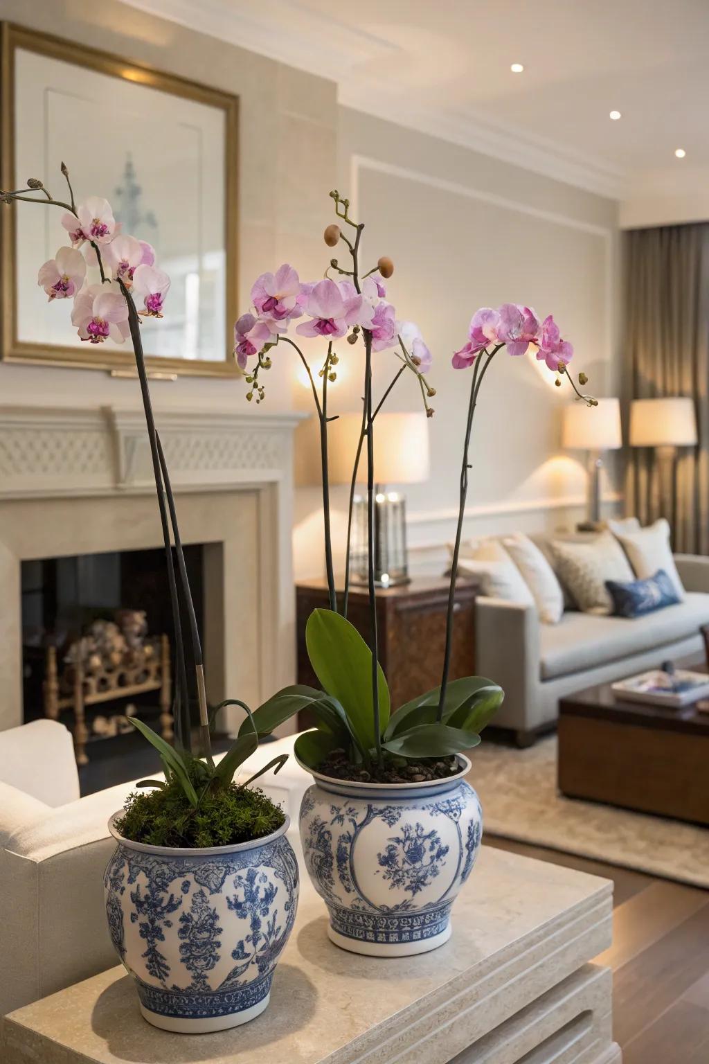 Decorative porcelain pots elegantly displaying orchids in a chic living room.