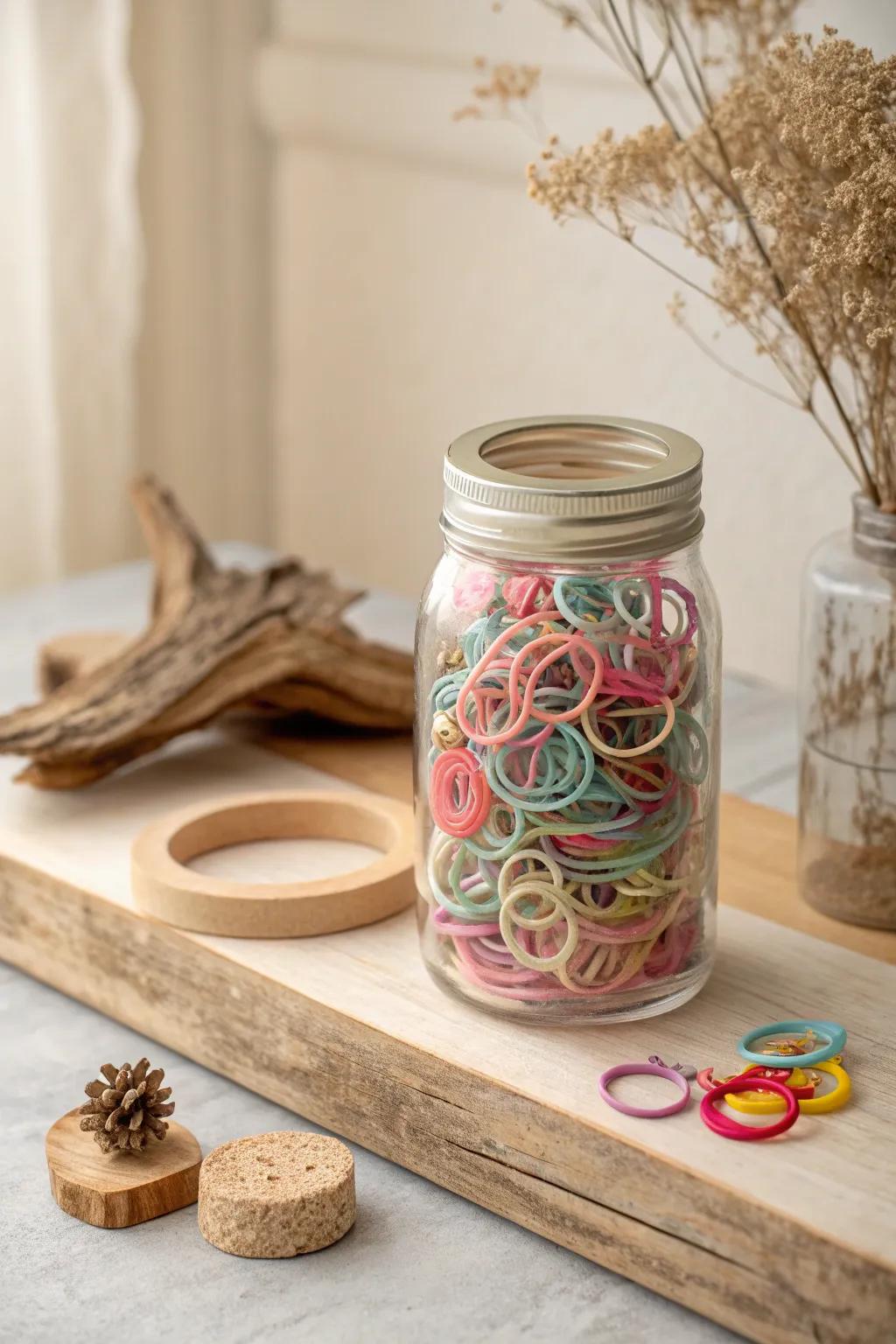 Add a touch of rustic charm to your bathroom with upcycled jars for organizing hair accessories.