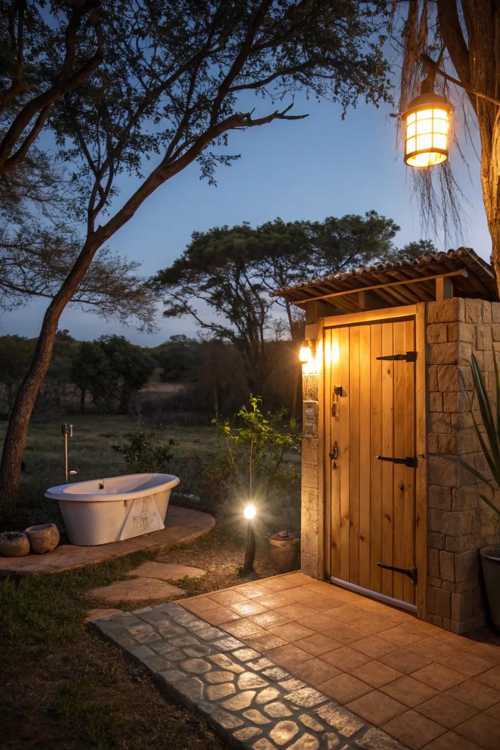 Enchanting lighting transforms the outdoor bathroom at night.