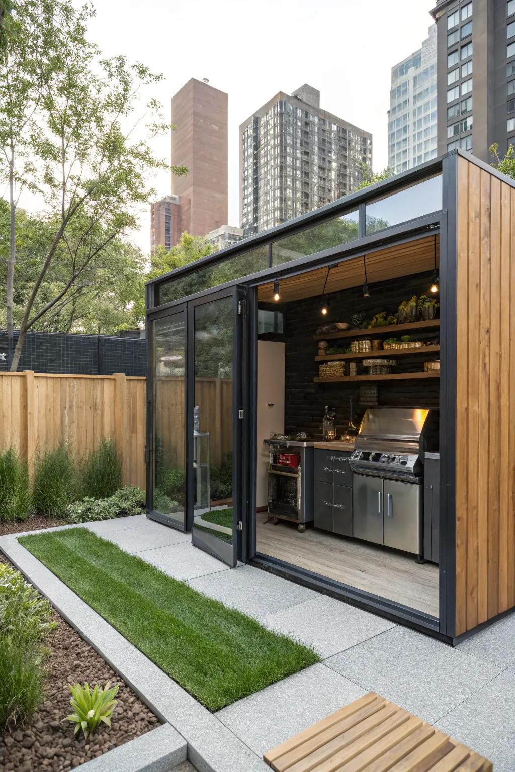 A modern BBQ shed with foldable doors, perfect for urban outdoor spaces.