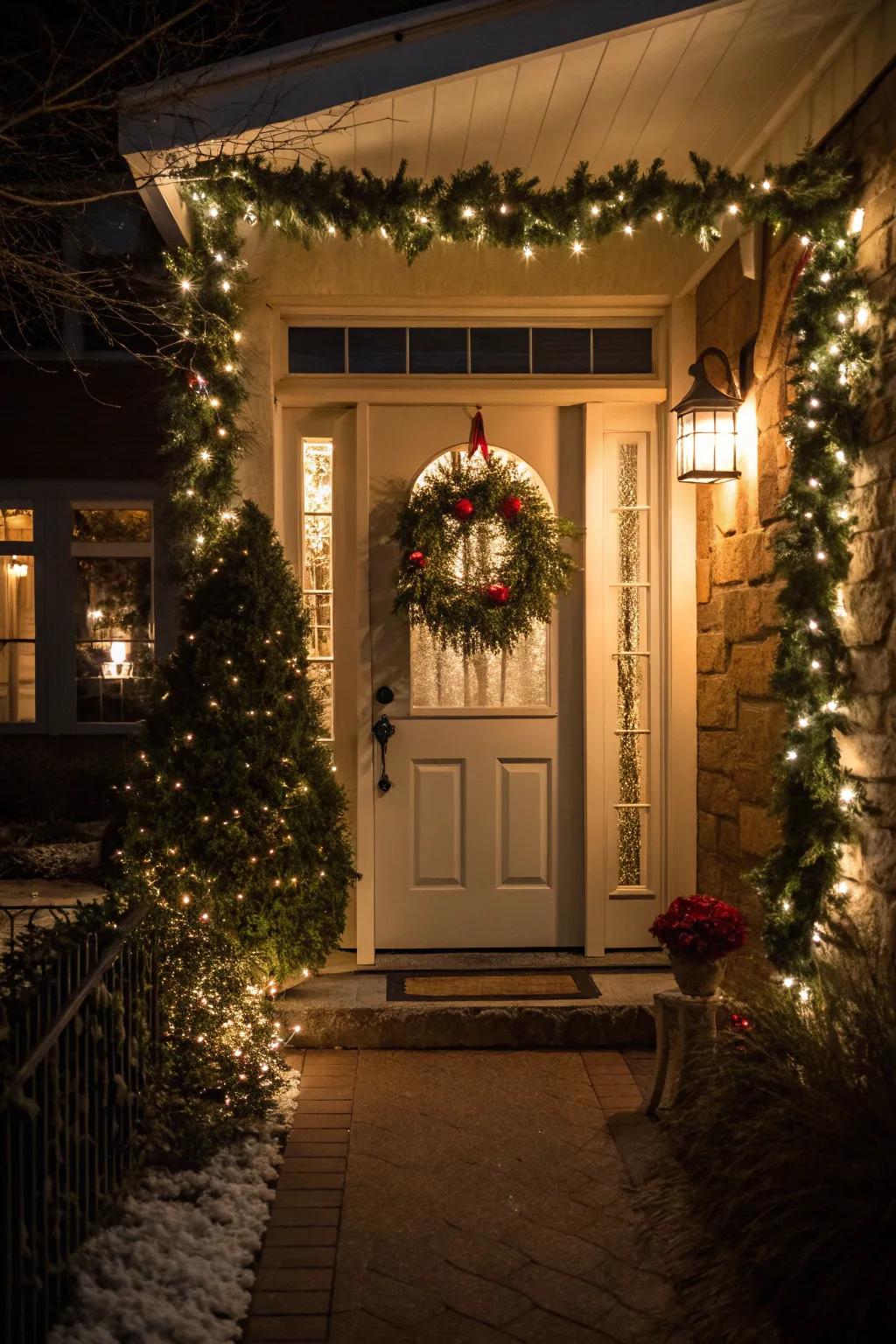 A festive front door adorned with a lighted wreath and garlands, warmly welcoming guests.