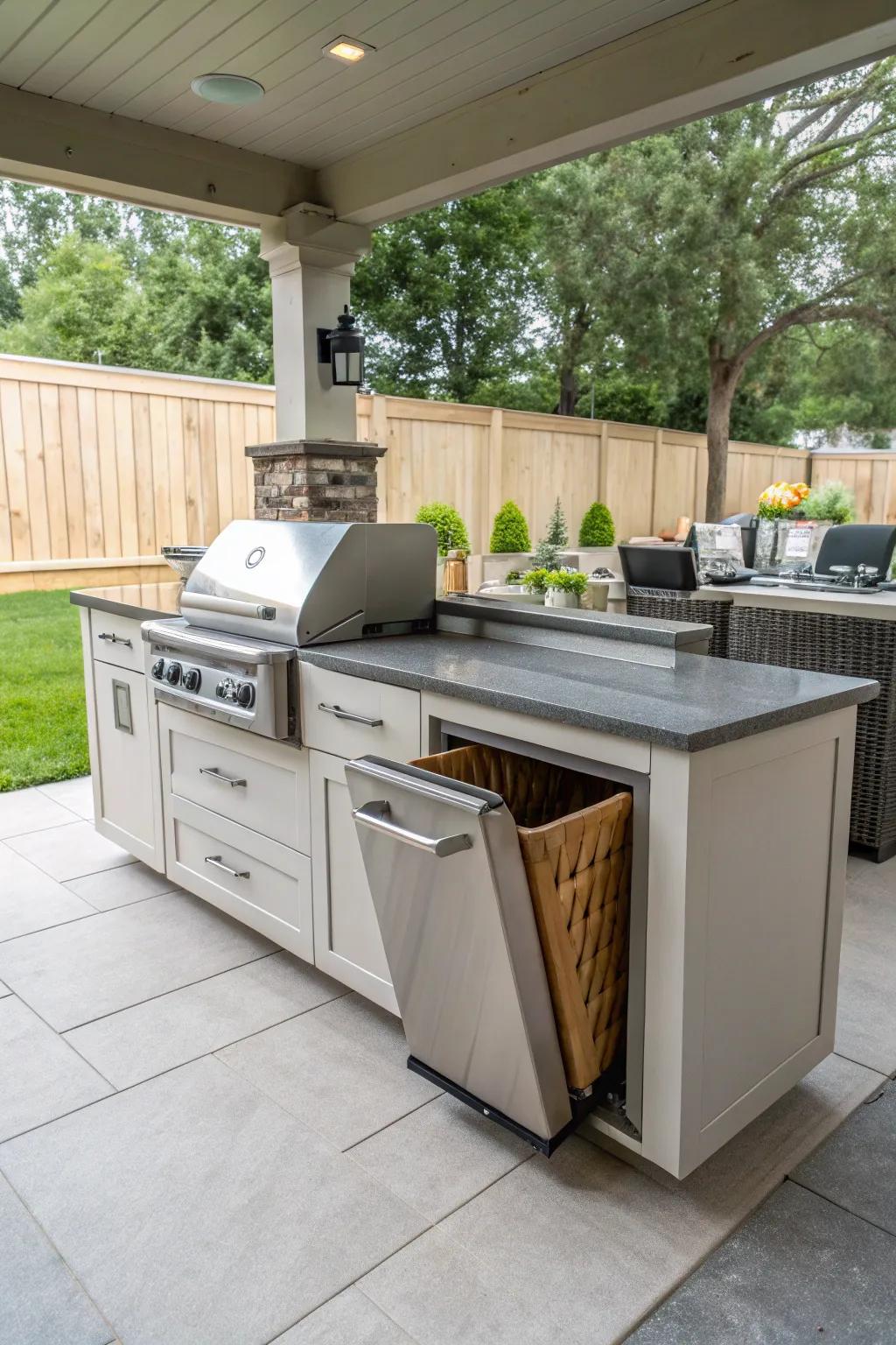 Keep your outdoor kitchen tidy with hidden trash drawers.