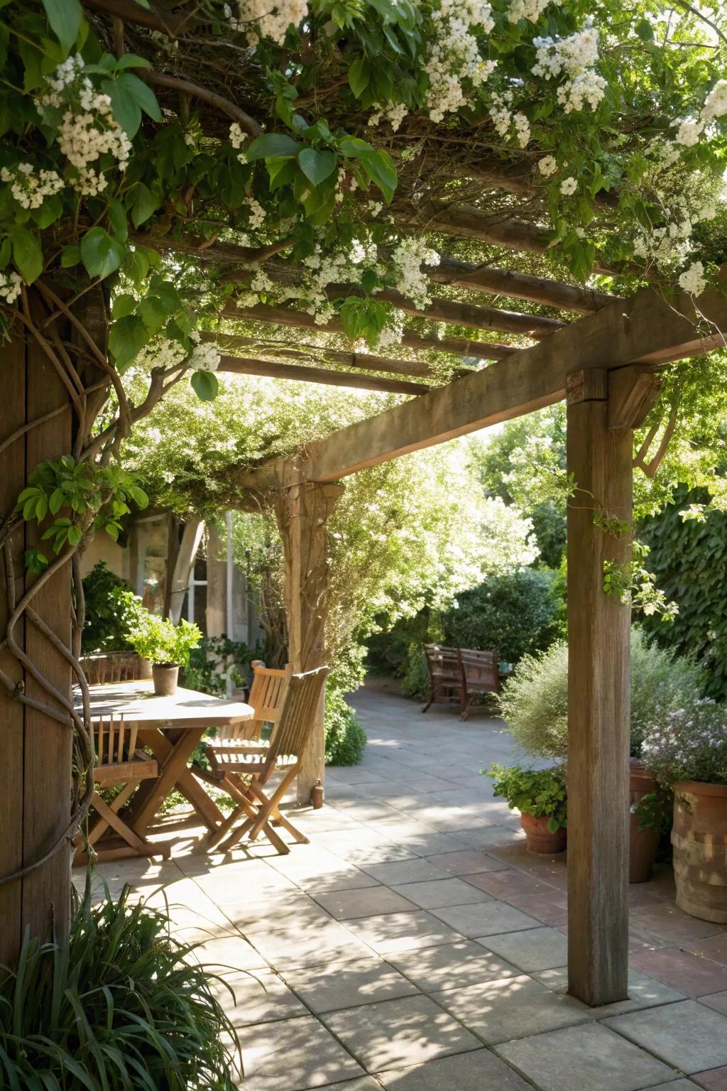 A DIY trellis with vines adds elegance and fragrance.