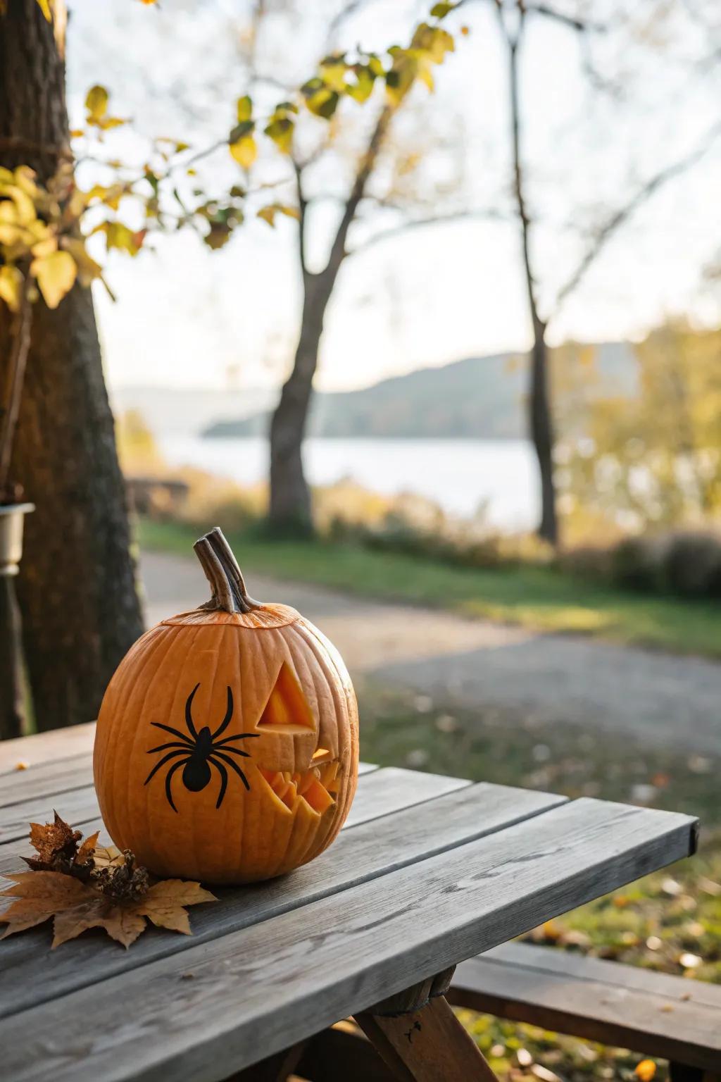 Elevate your fall décor with this stunning Spider Eye Pumpkin, a masterpiece of natural beauty and artistic flair.