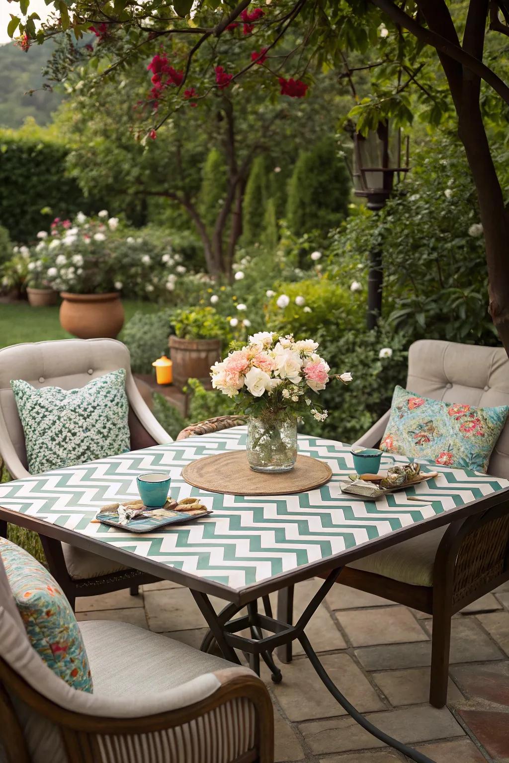 A chic chevron patterned tabletop that adds visual interest to any patio setting.