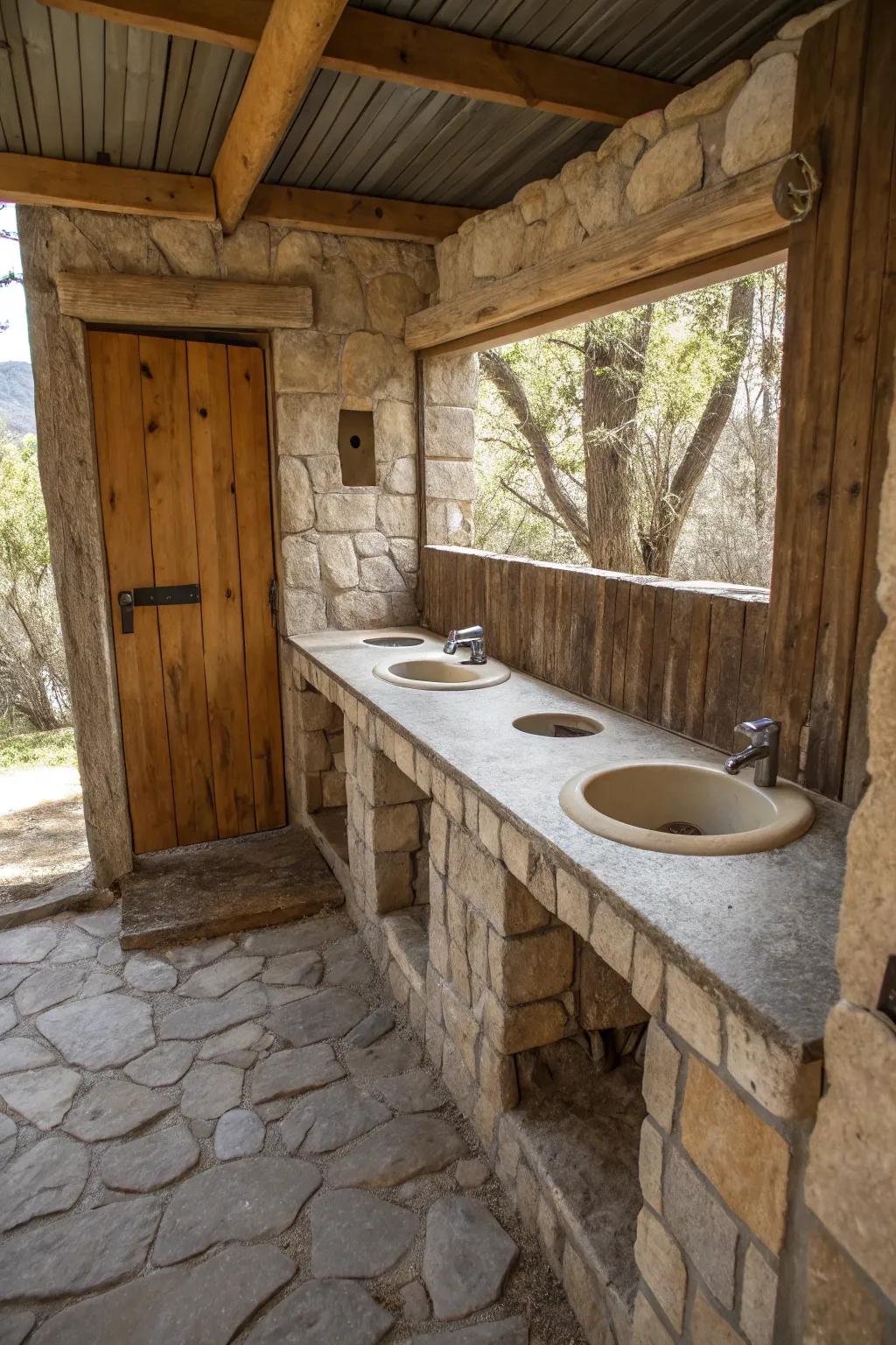 Stone accents add a natural elegance to this outhouse bathroom.