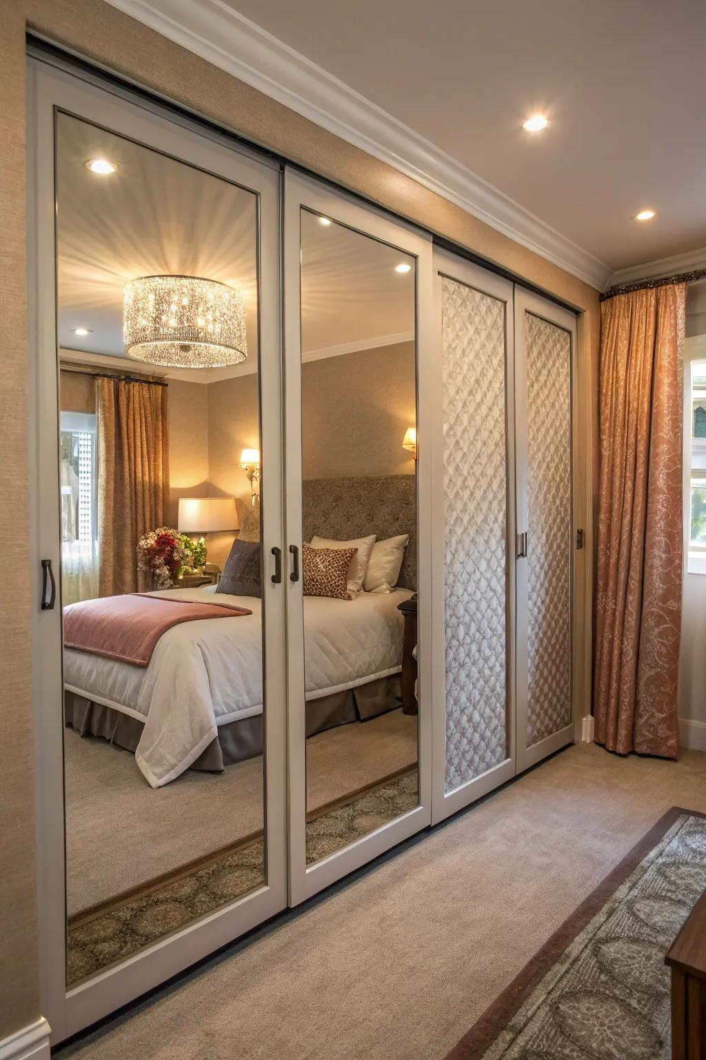 Fabric panels introduce warmth and texture to mirrored doors.