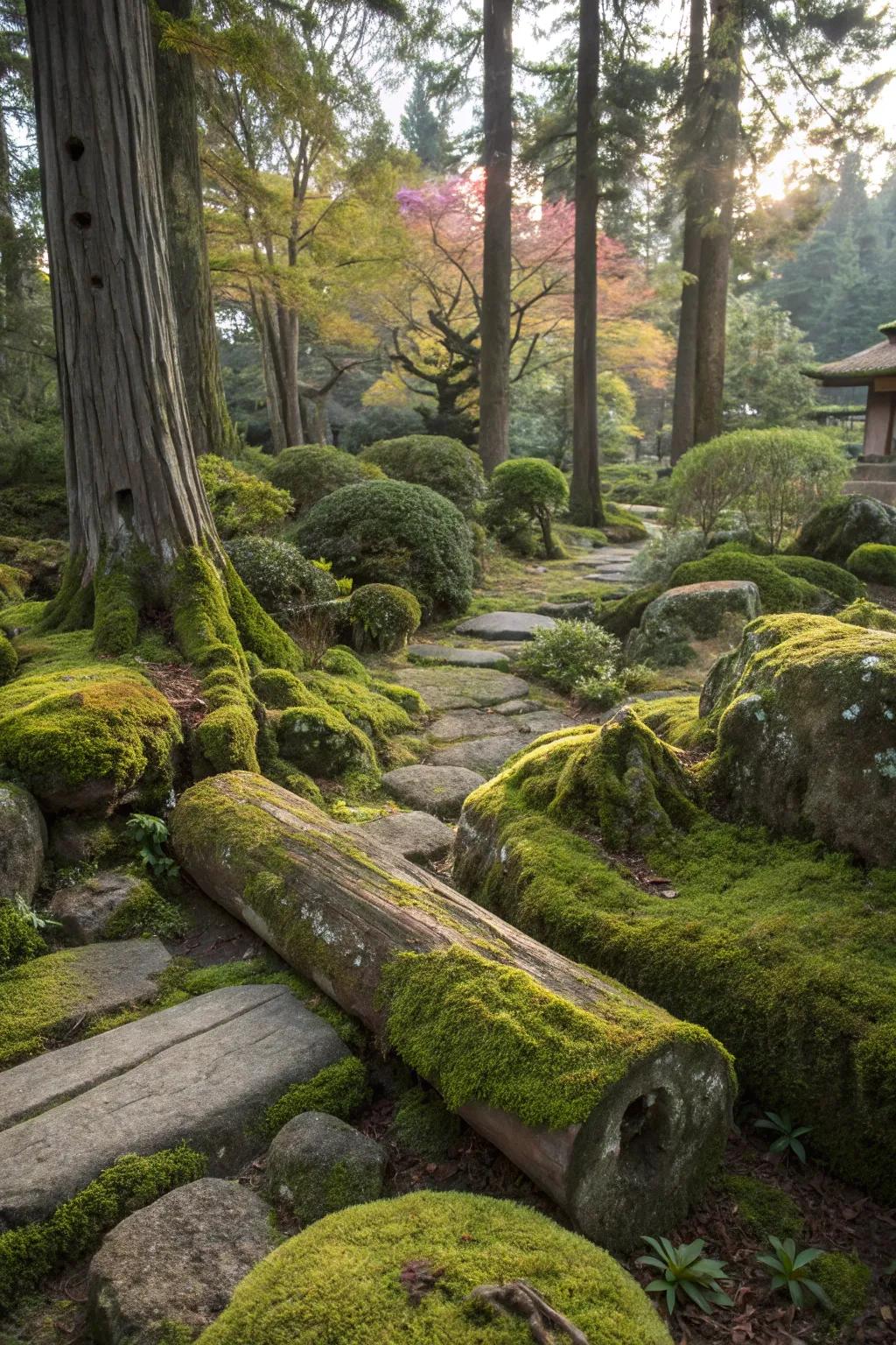 Mossy elements add an ancient, untouched vibe to the garden.