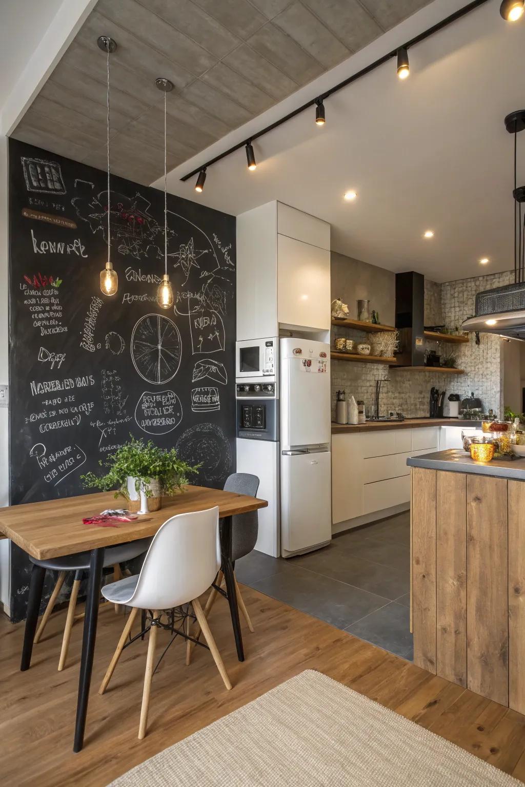 A chalkboard wall adds a playful touch to this modern kitchen.