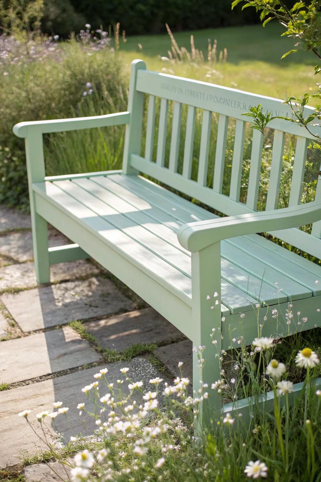Embrace the whimsical charm of pastel hues with this mint green bench, perfect for a serene outdoor retreat.