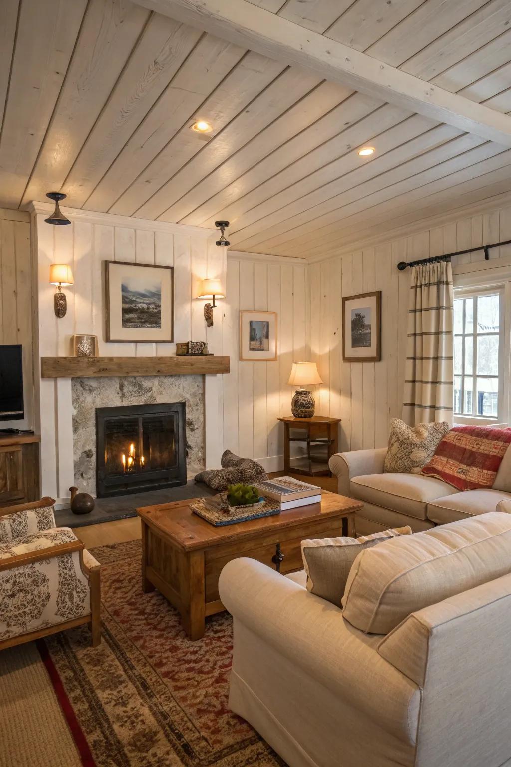 Whitewashed paneling exudes rustic charm.