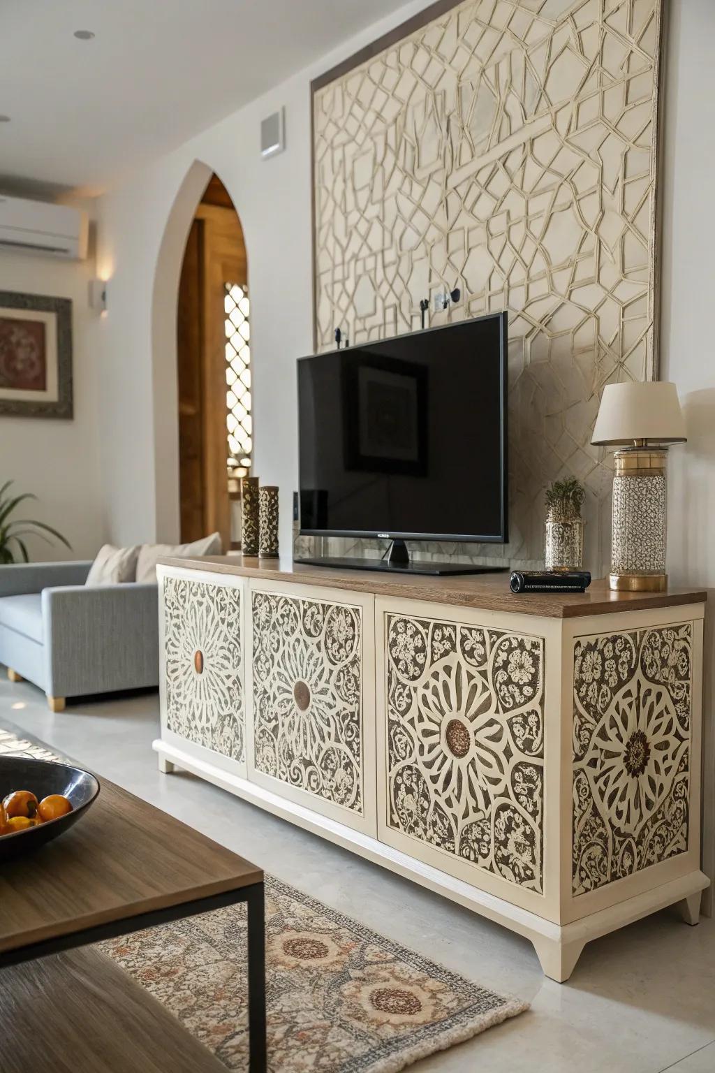 Stenciled patterns bring an artistic flair to your TV stand.