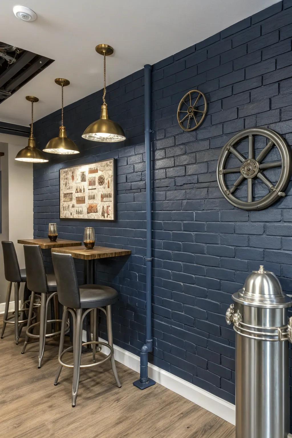 Navy blue painted brick wall adding elegance to the room.