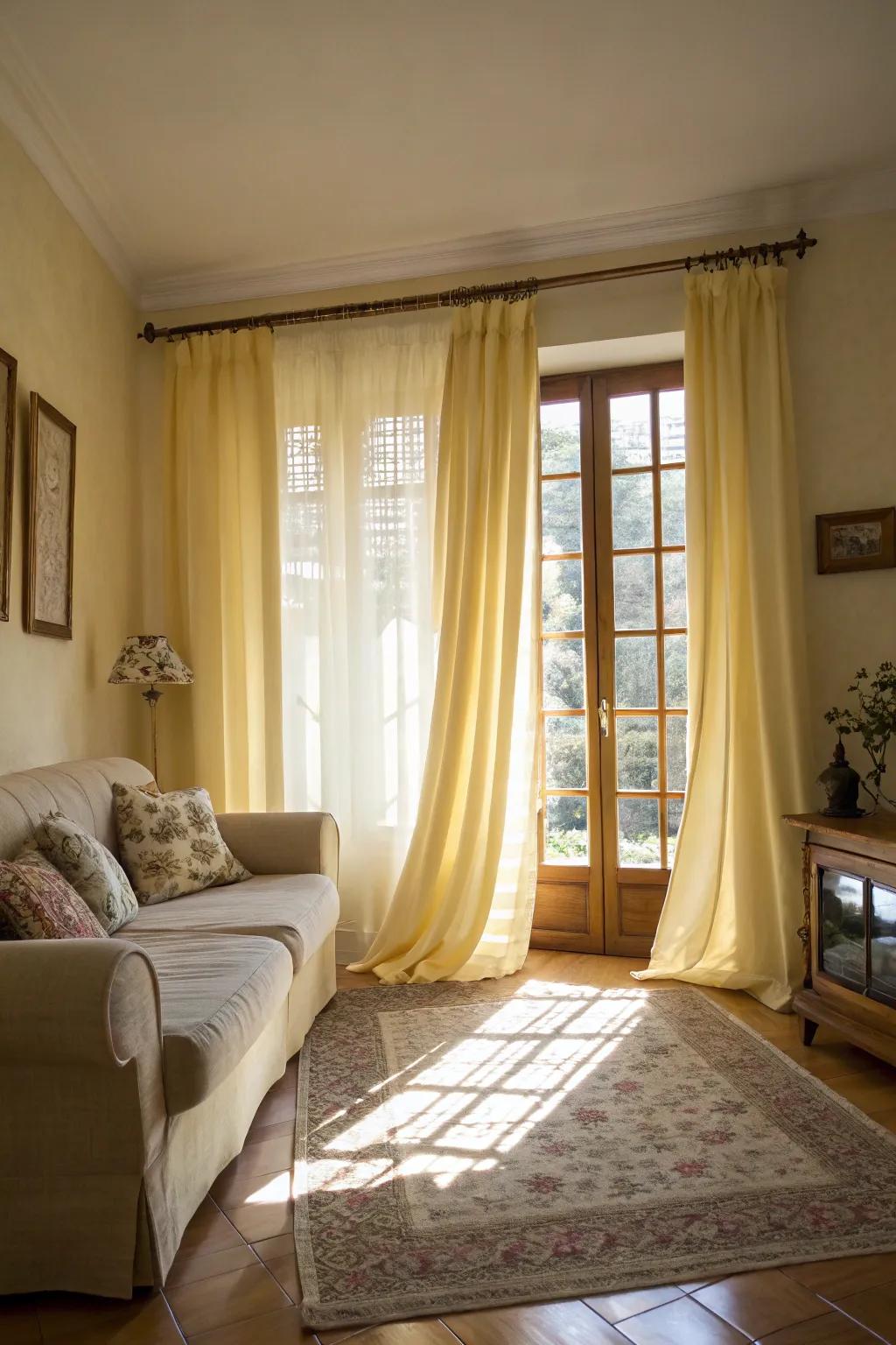 Yellow textiles infuse warmth and personality into a living room space.