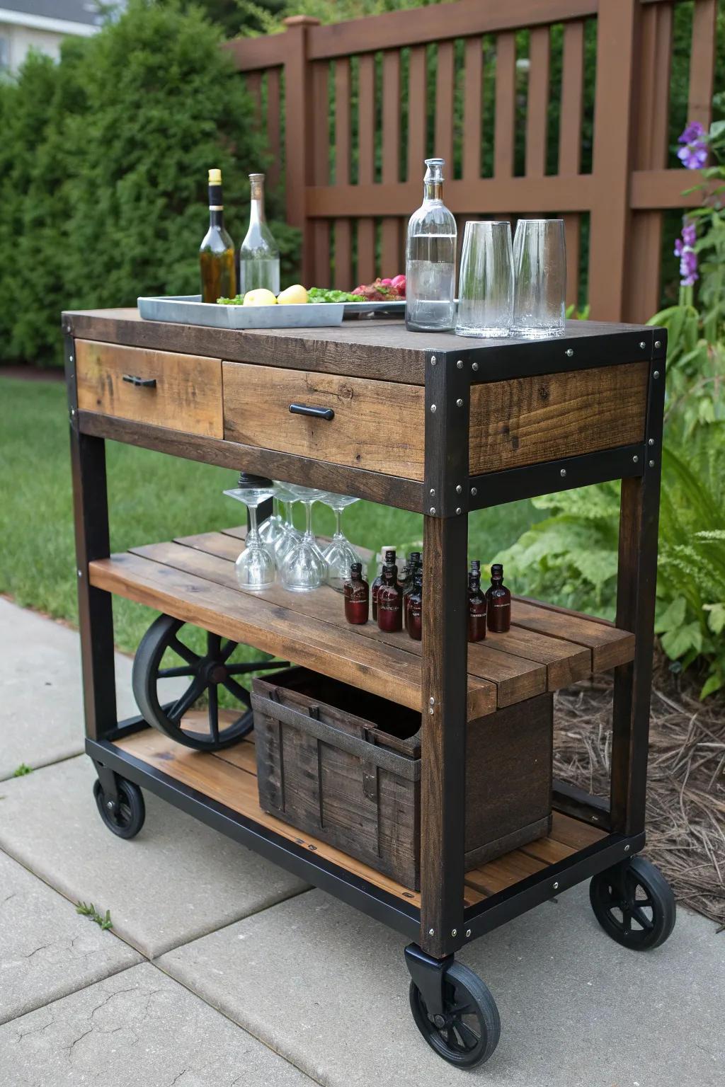 Elevate your outdoor gatherings with a stylish mobile pallet bar cart, where rustic charm meets modern convenience.