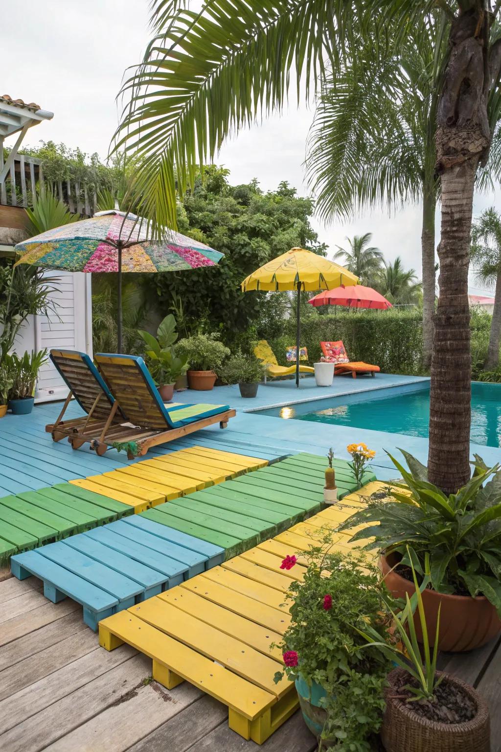 Bright colors bring tropical vibes to your pool deck.