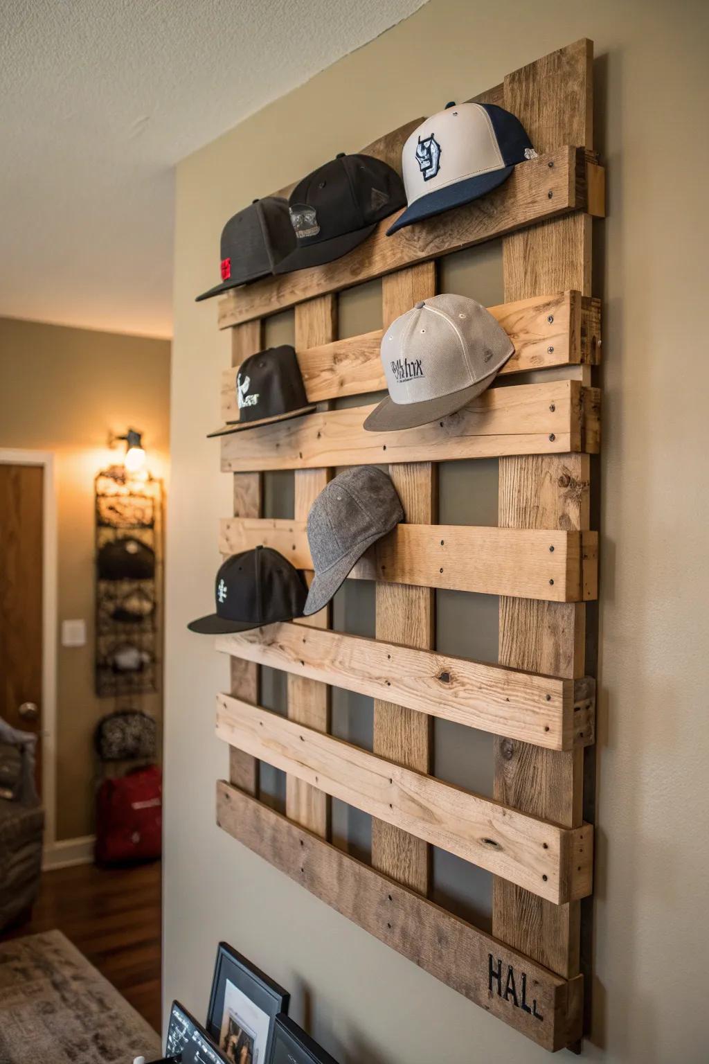 Elevate your decor with a staggered panel pallet hat rack – a perfect blend of functionality and style.