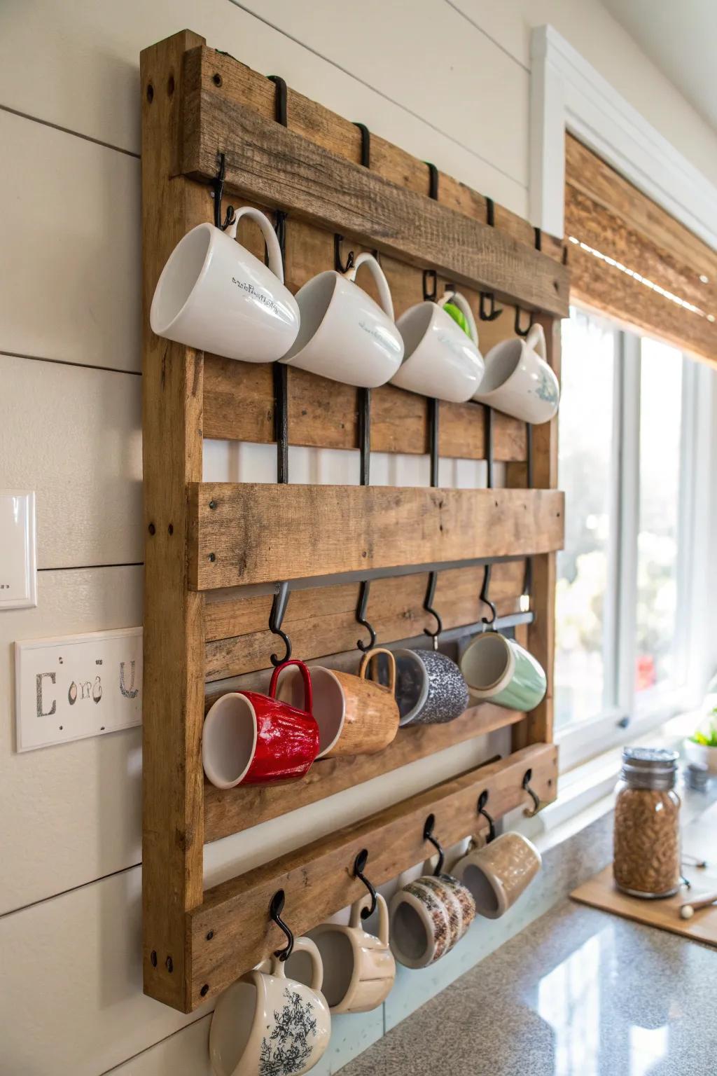 Elevate your coffee station with this chic pallet coffee cup rack—where style meets functionality.