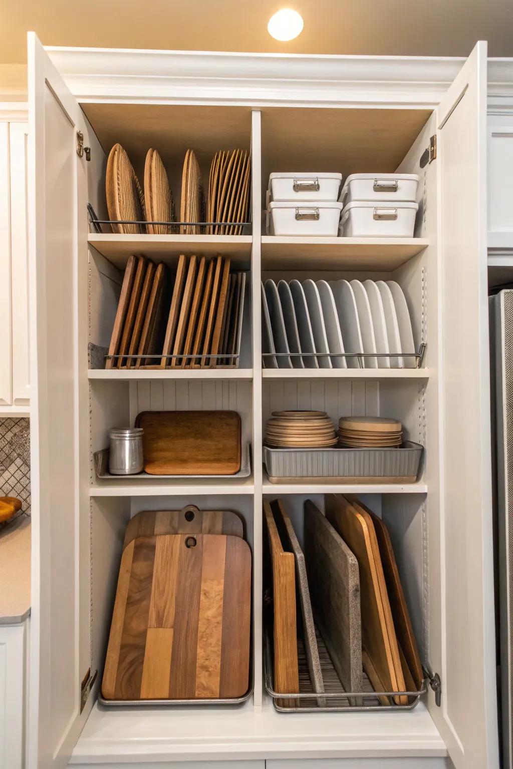 Vertical dividers maximize the use of space on deep shelves.