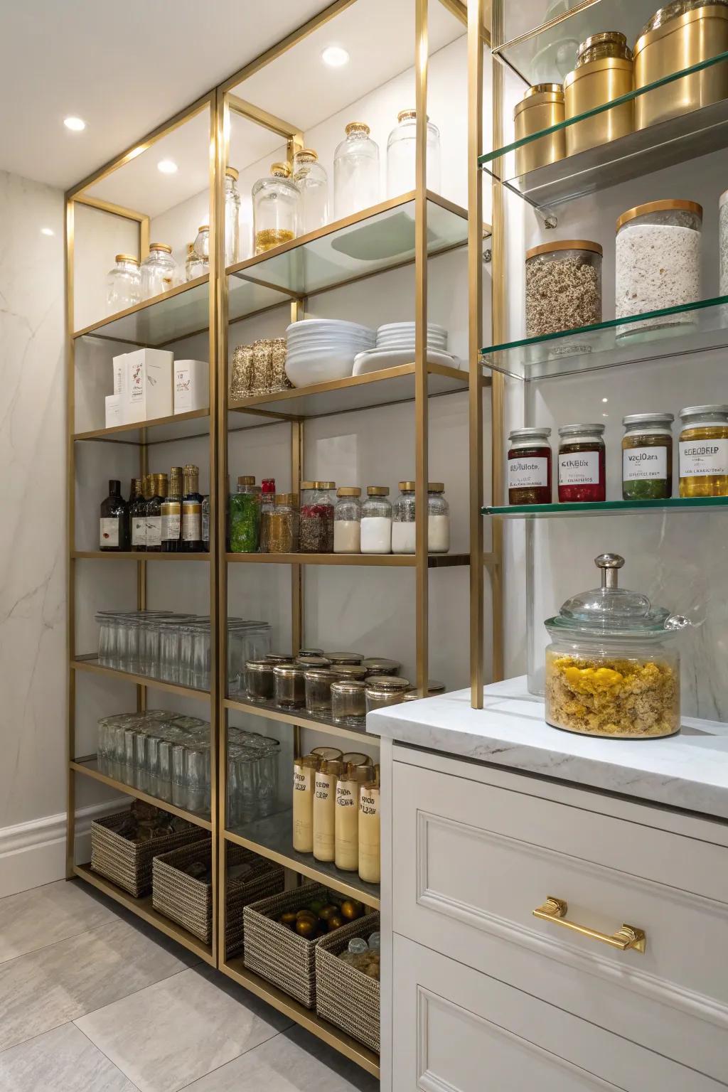 Glass and brass elements add elegance to your pantry.