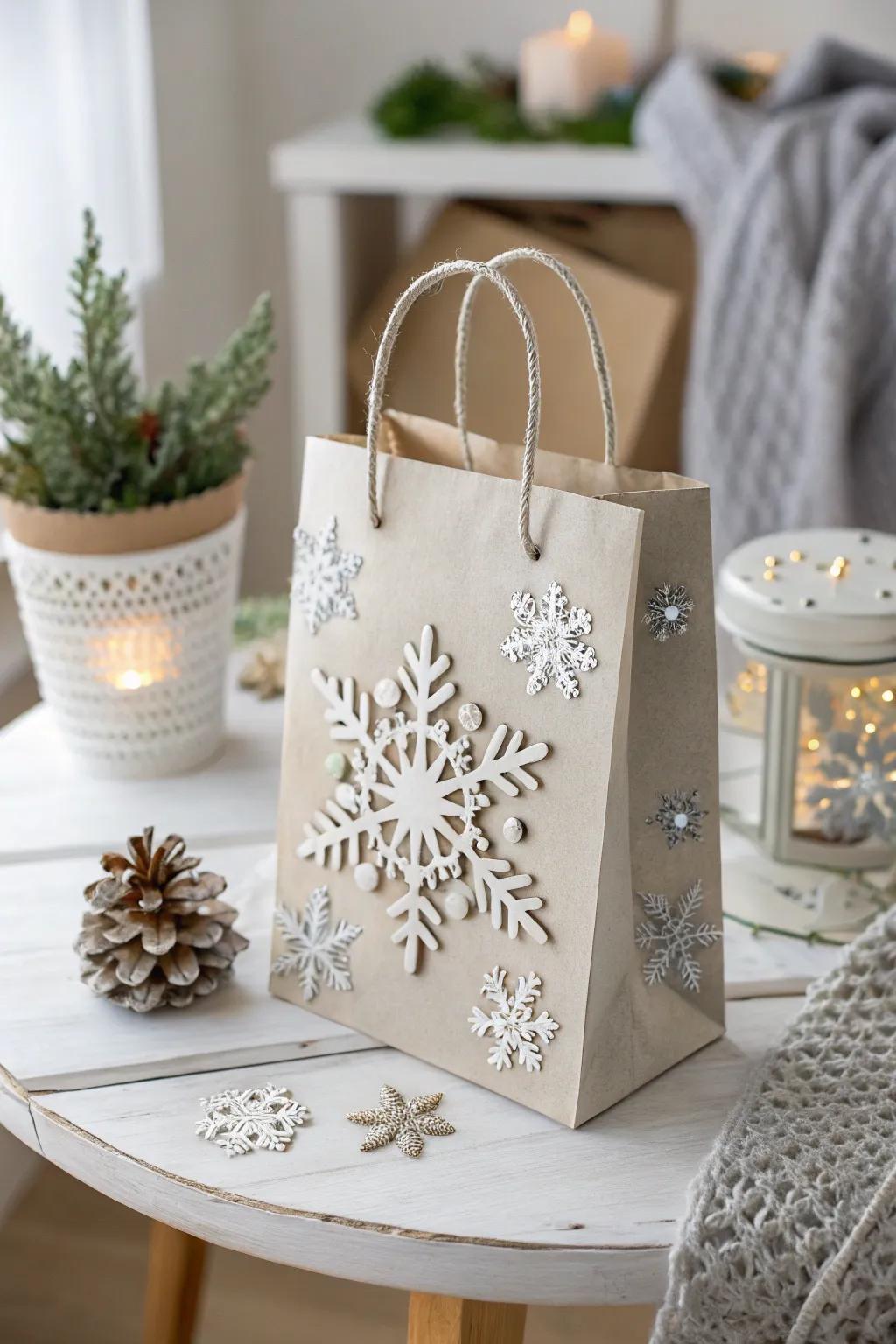Elevate your holiday gifting with these stunning snowflake-themed paper bags, blending minimalist design with Boho charm.