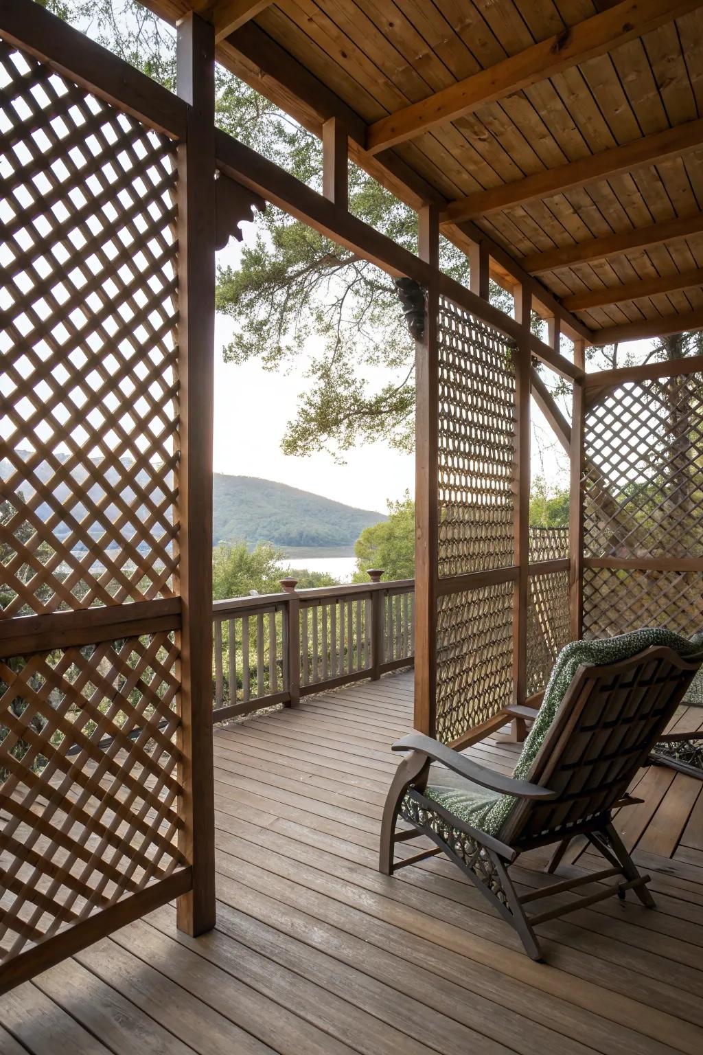 A cozy deck with lattice panels, offering shade and a canvas for climbing plants.