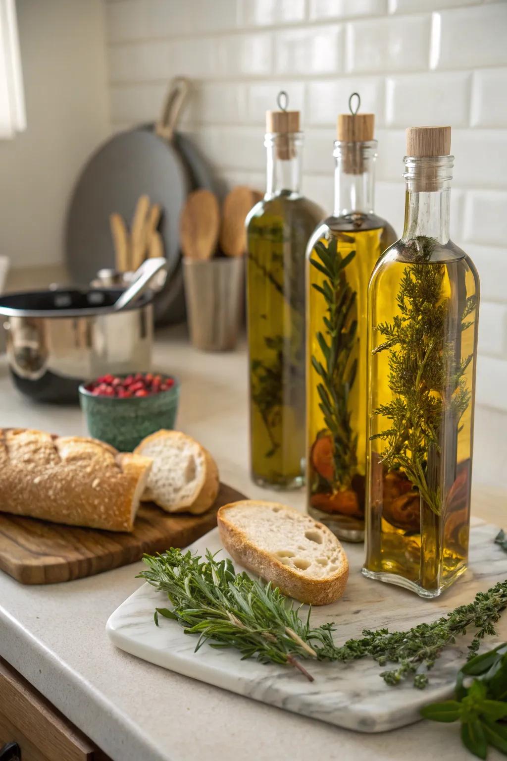 Infused olive oil bottles add a touch of culinary sophistication.