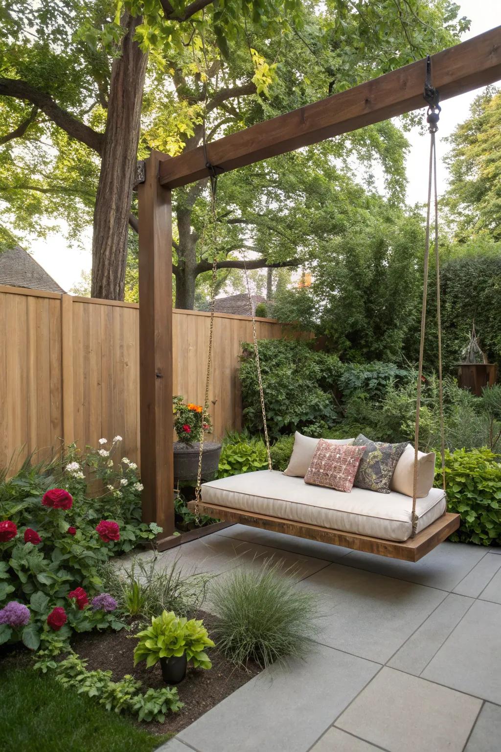 A hanging daybed invites relaxation and adds visual interest.