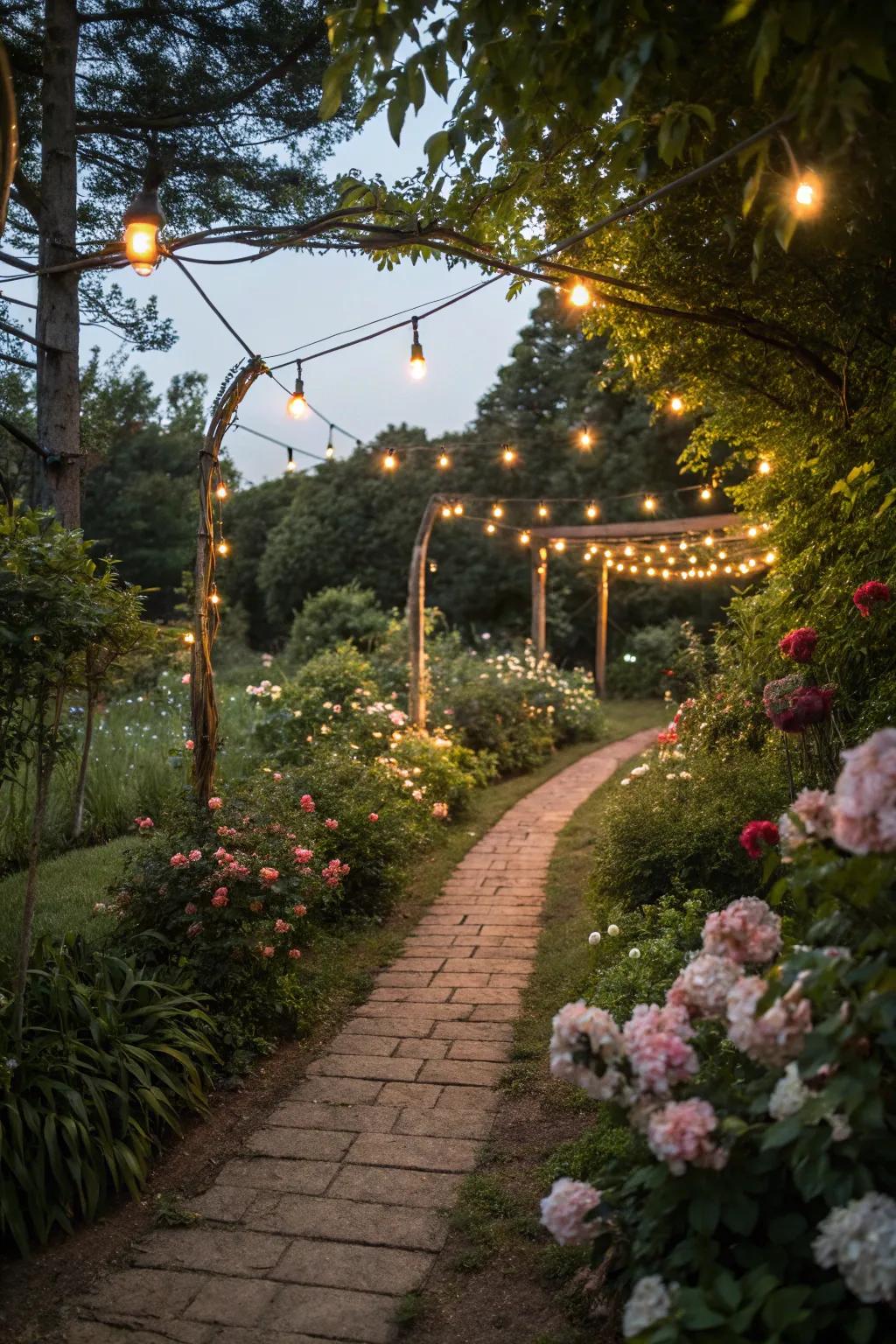 String lights highlighting a pathway for safety and charm.