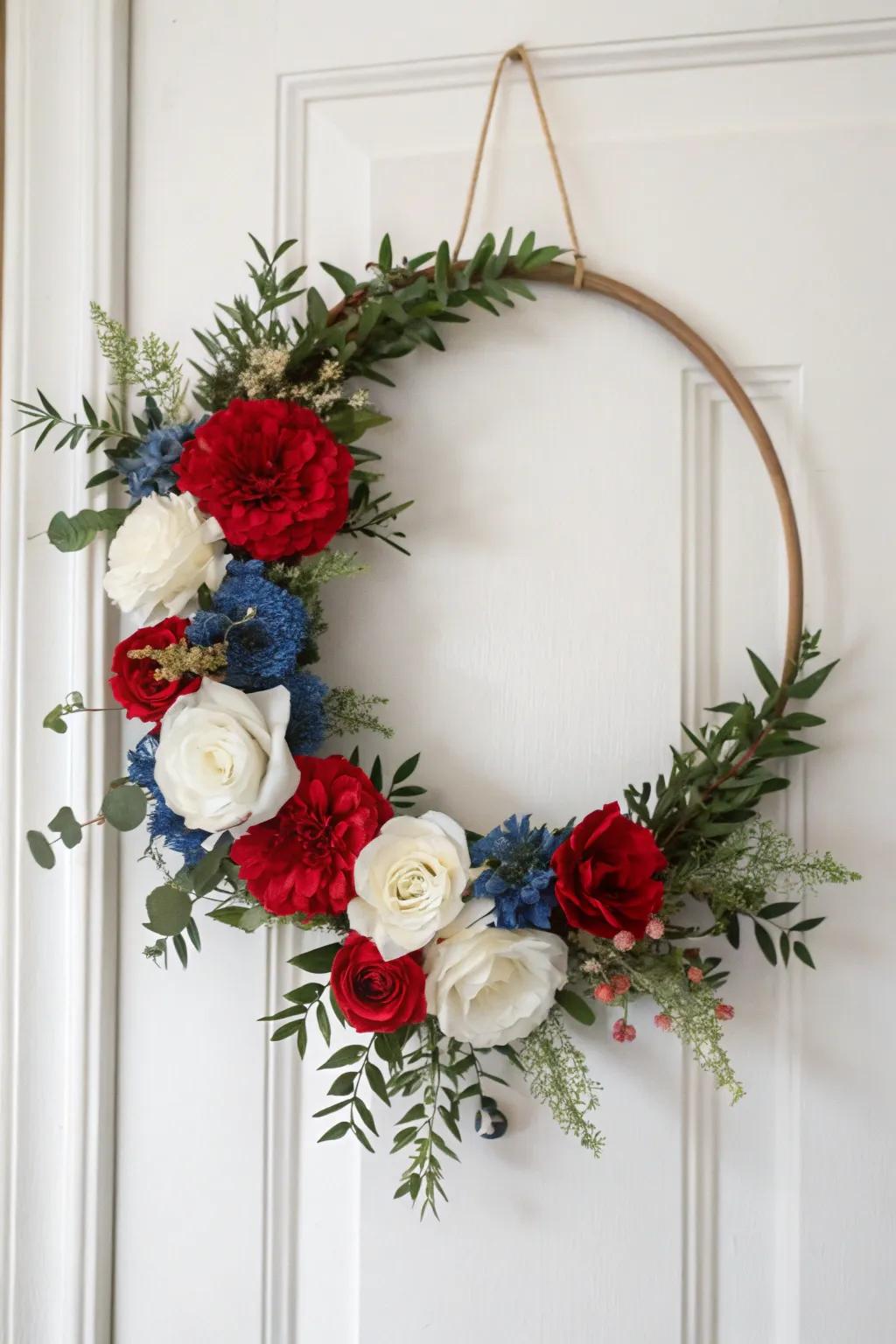 Elevate your decor with a Scandinavian-Boho floral wreath, perfect for a touch of elegance and patriotism.