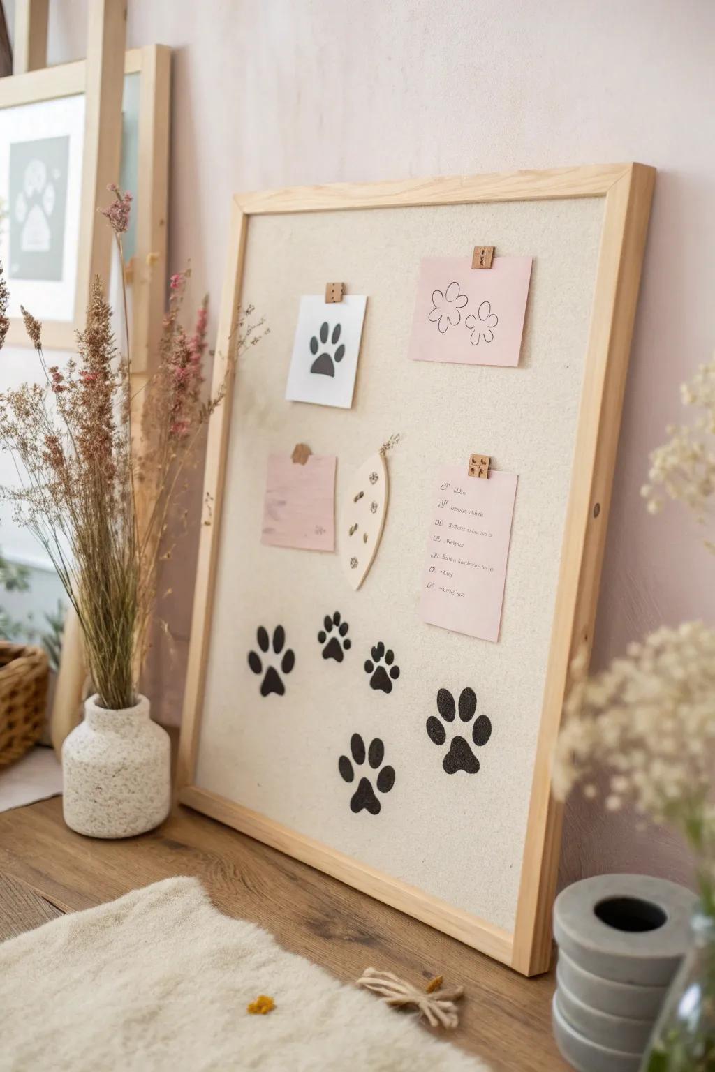 Effortlessly chic paw print bulletin board: simplicity meets natural beauty.