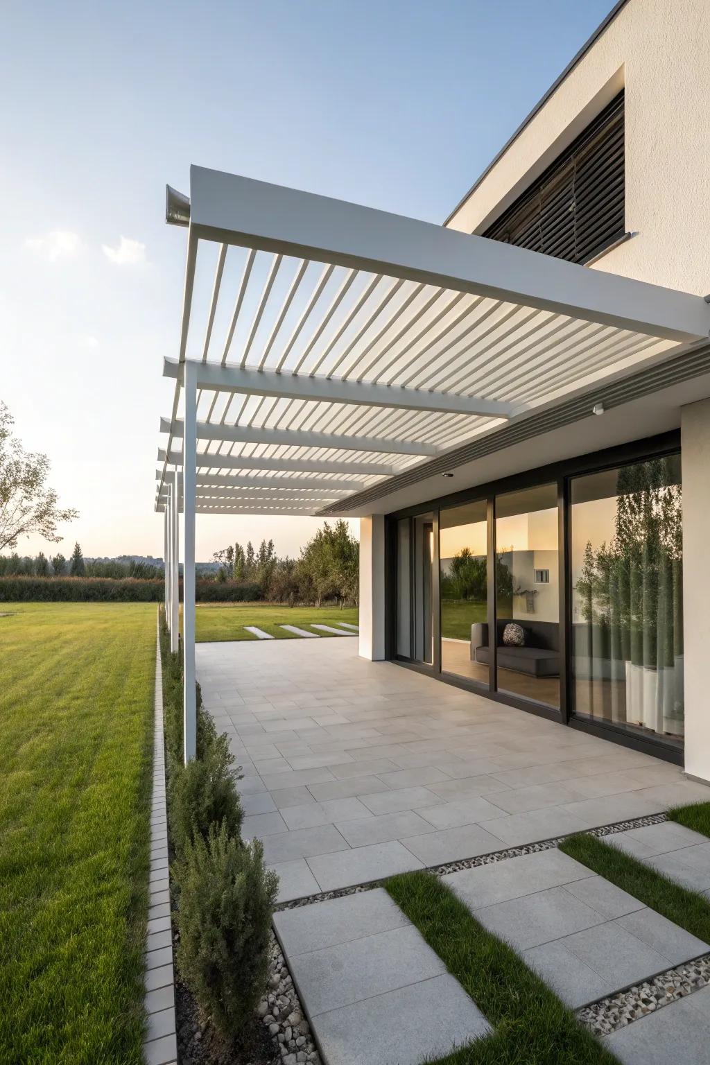 A minimalist pergola design that harmonizes with a contemporary home.