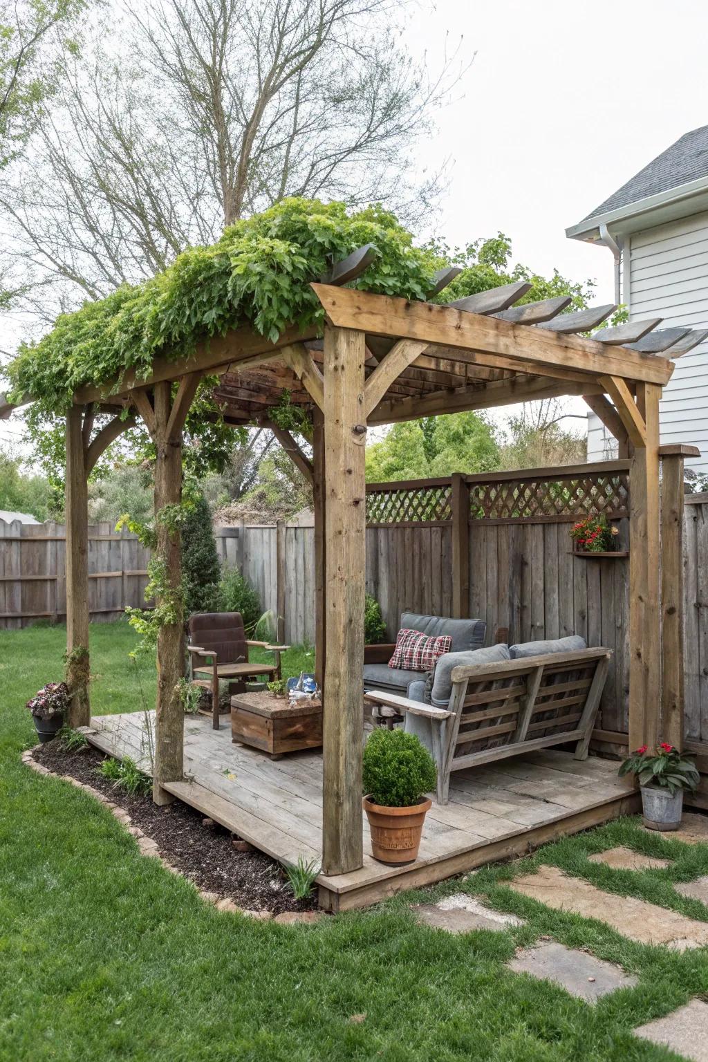 A DIY pergola with reclaimed wood offers rustic charm and sustainability.