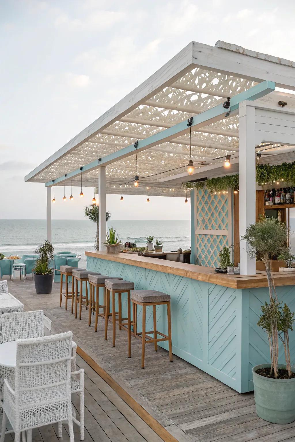 A coastal-themed pergola bar, bringing the beach to your backyard.