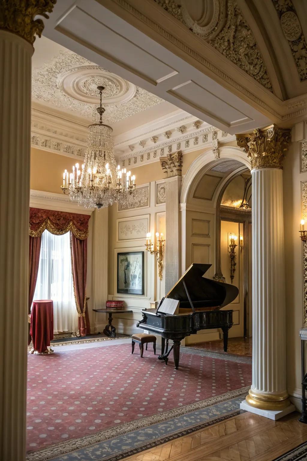 Architectural details enhance the grandeur of a piano.