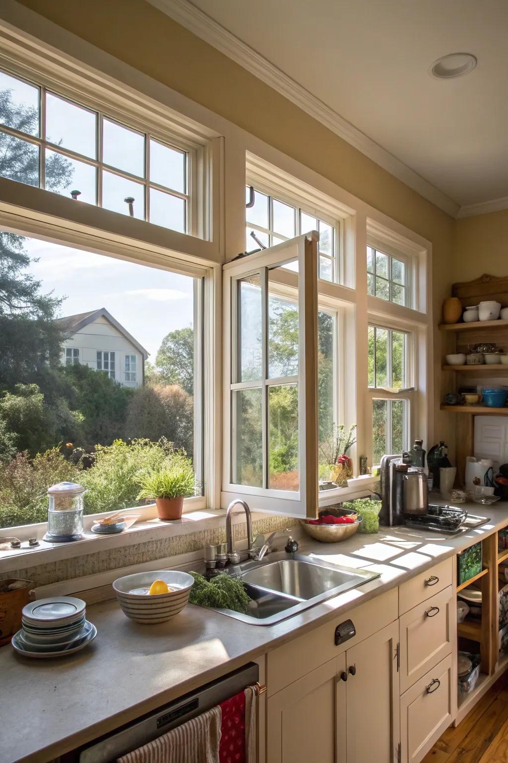 A kitchen featuring casement windows mulled with picture windows.