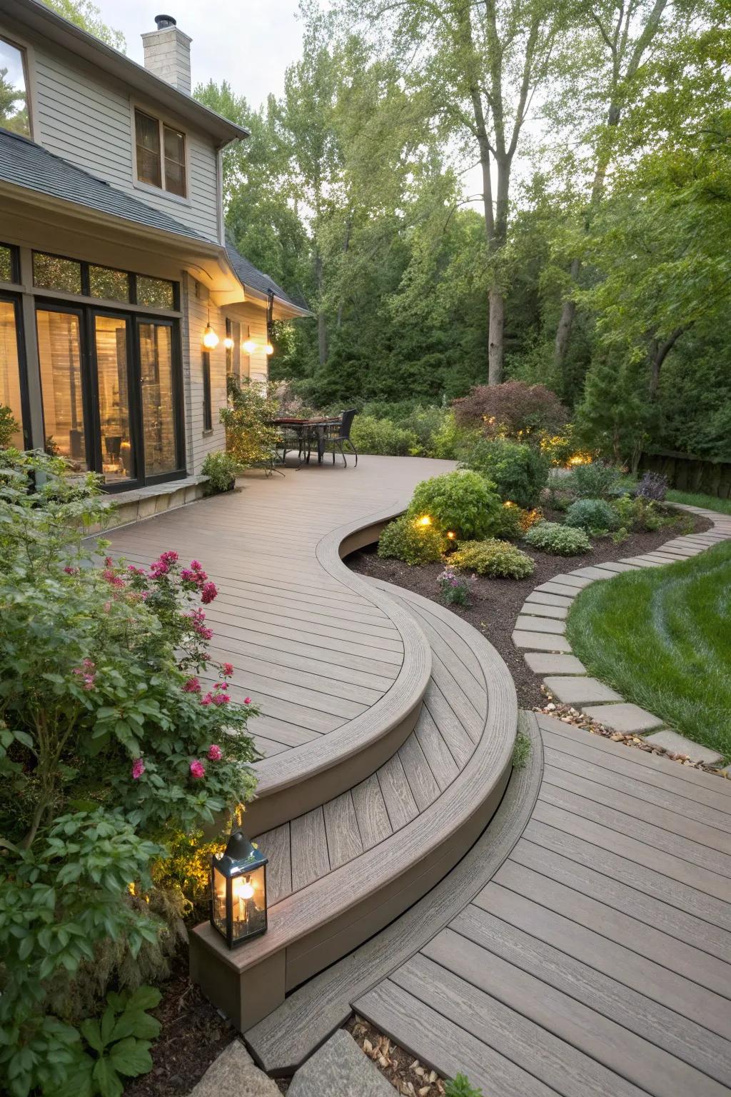 Curved composite decking that flows naturally with the garden's layout.