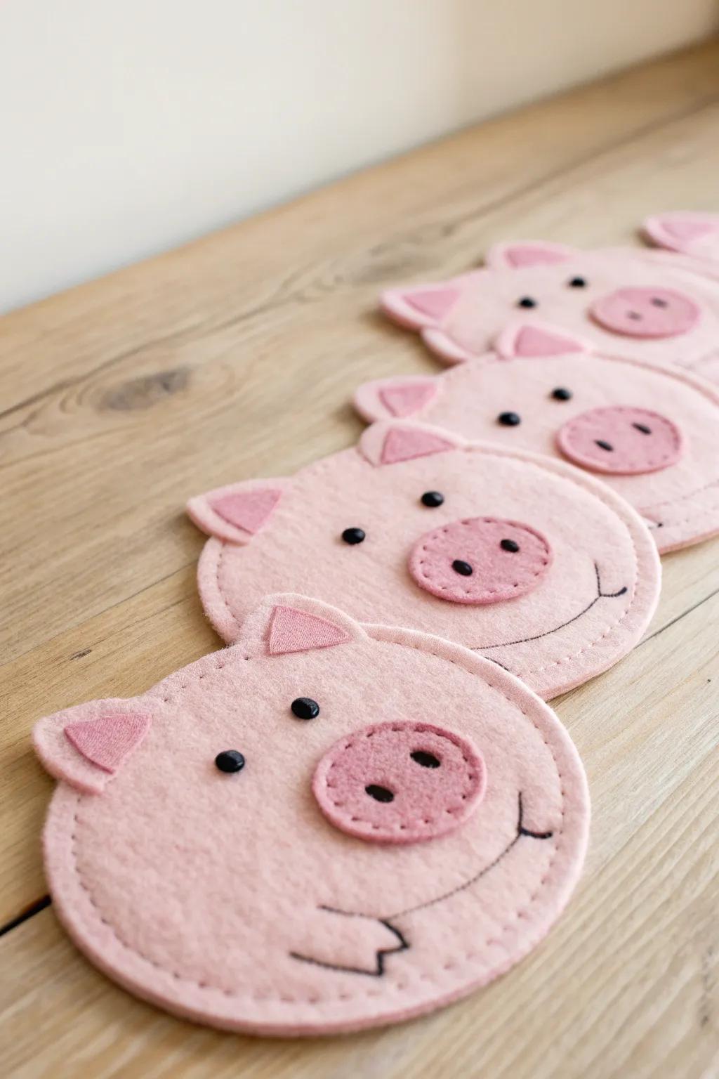 Add charm to your table with these delightful felt pig coasters, where simplicity meets craft elegance.