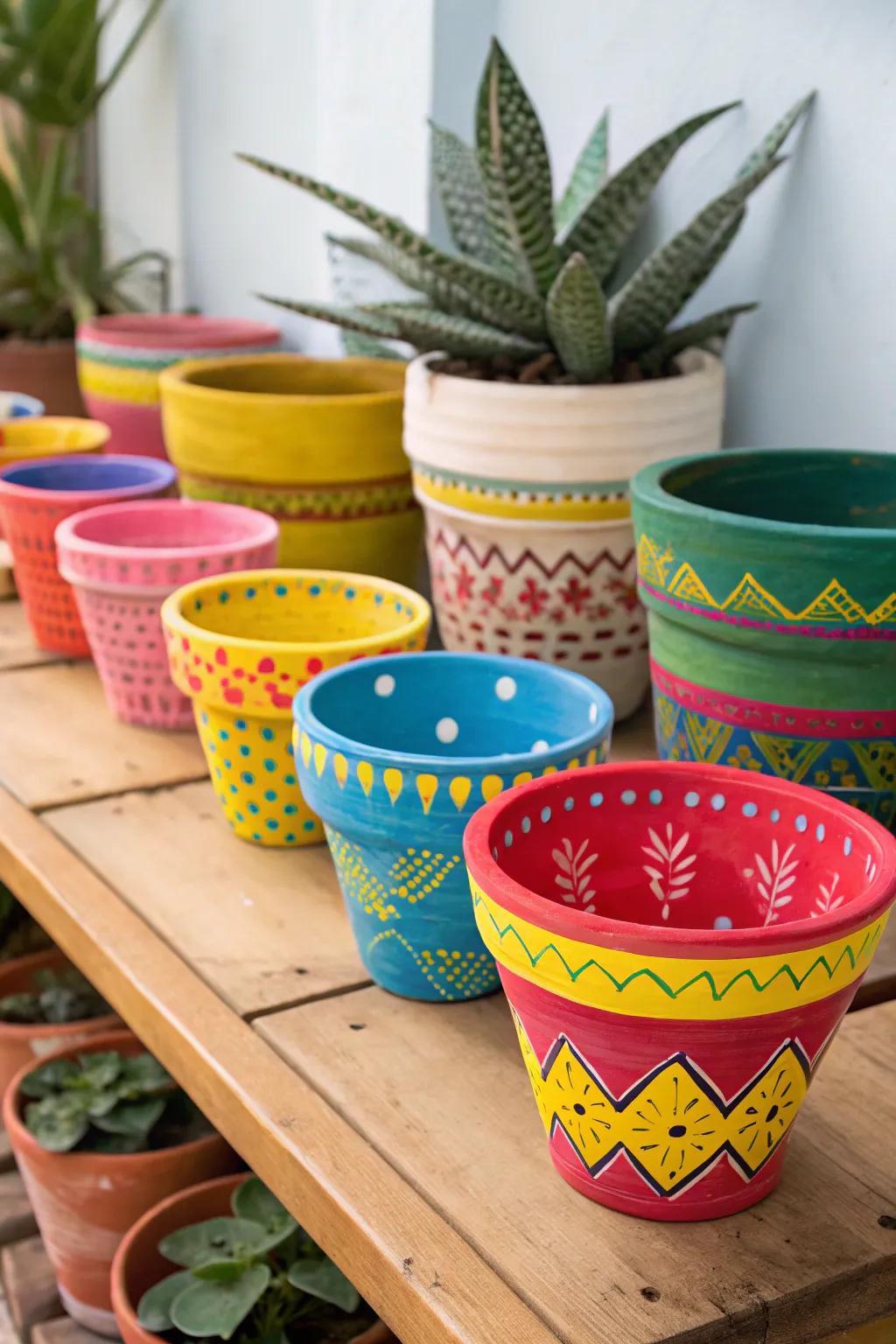 Brightly painted pinch pots for a splash of color.