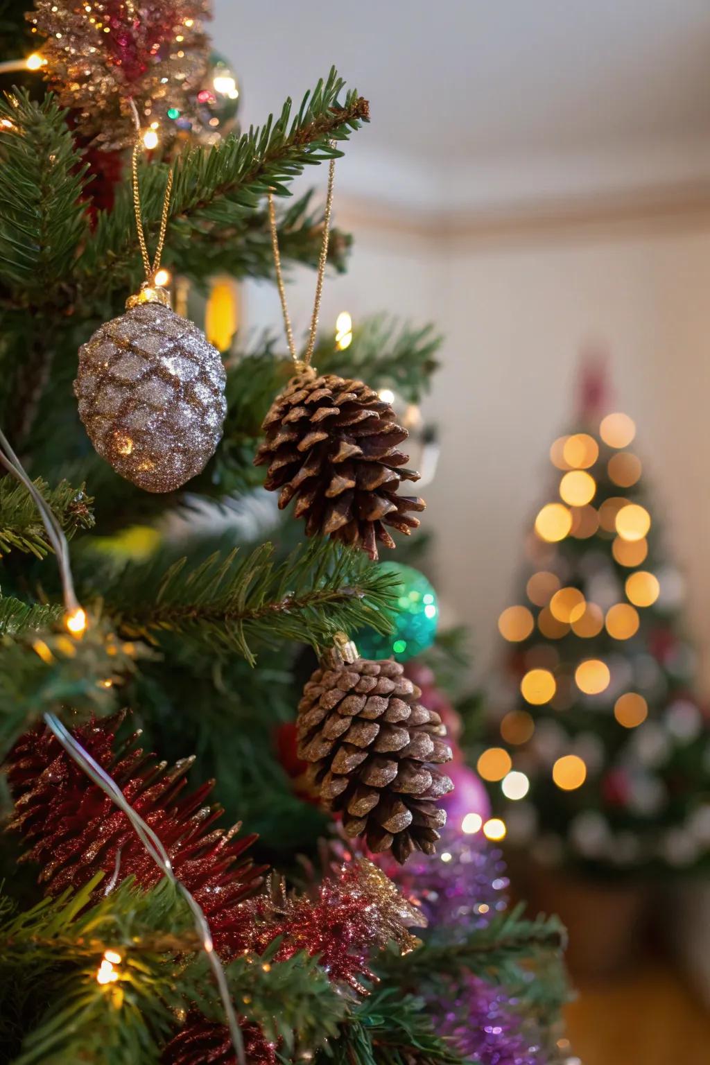 Bring rustic charm to your tree with pine cone ornaments.