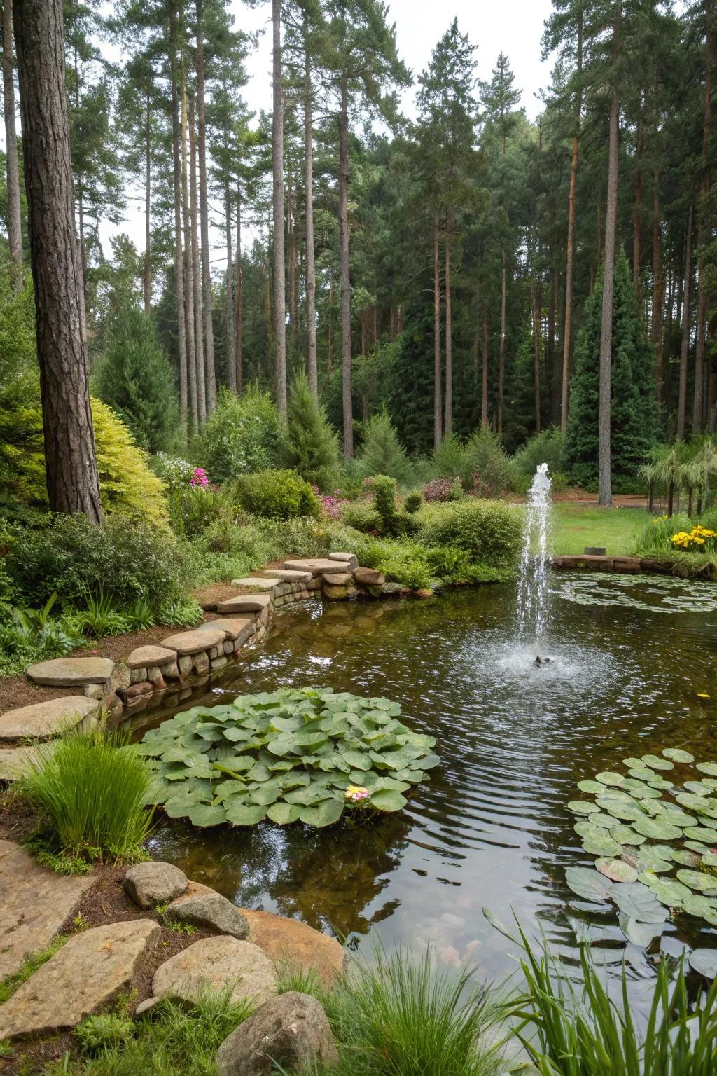 A serene pond creates a peaceful ambiance in the garden.